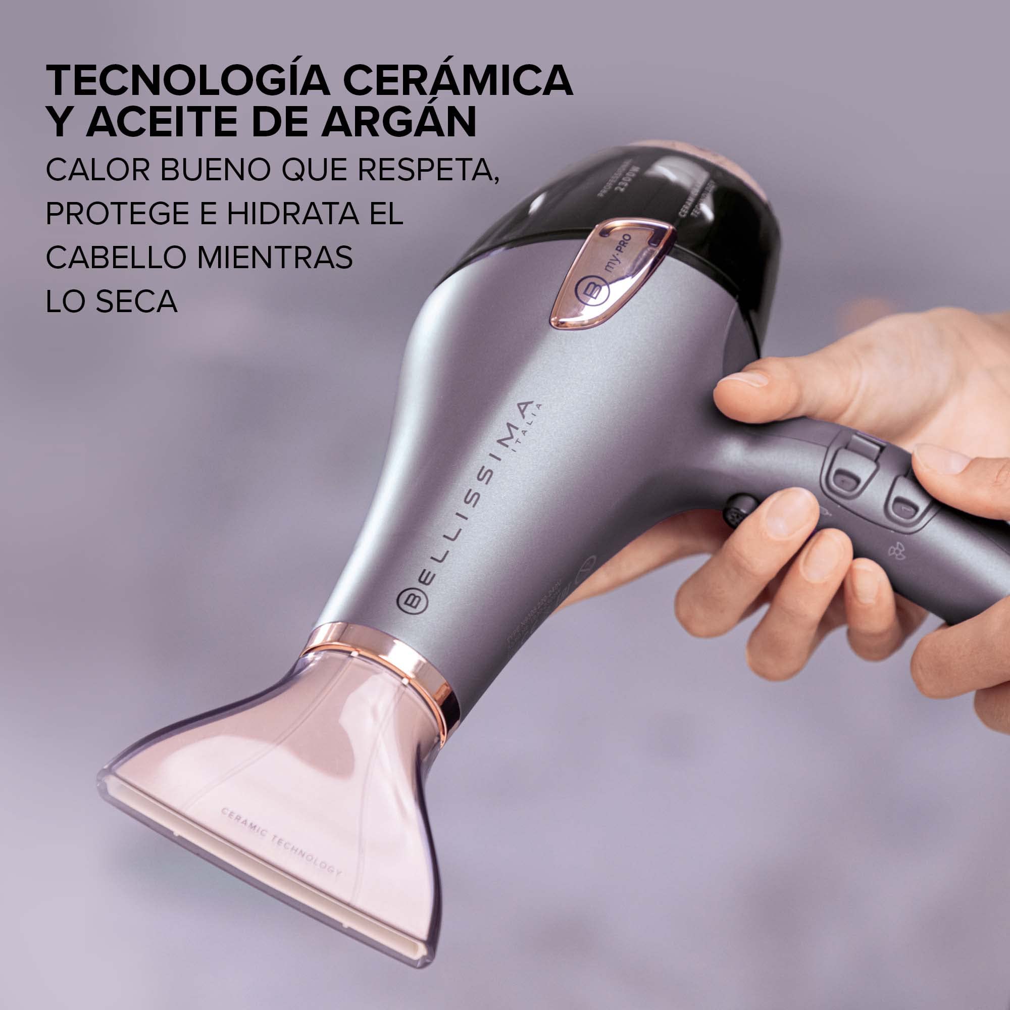 Bellissima Ceramic & Argan Oil, Secador de Pelo Profesional, Tecnología Cerámica & Aceite de Argán, 2300 W, 3 Temperaturas, Ionizador, Tiro Frío, 2 Boquillas, Difusor Cerámico