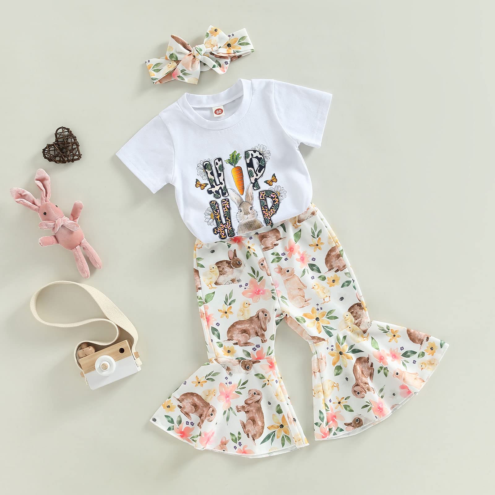 Twopumpkin Easter Outfit Toddler Girl Bunny Clothes Short Sleeve Ruffle T Shirt Cute and Floral Bell Bottoms Cute Outfits (B Hiphop Bunny White, 2-3 Years)