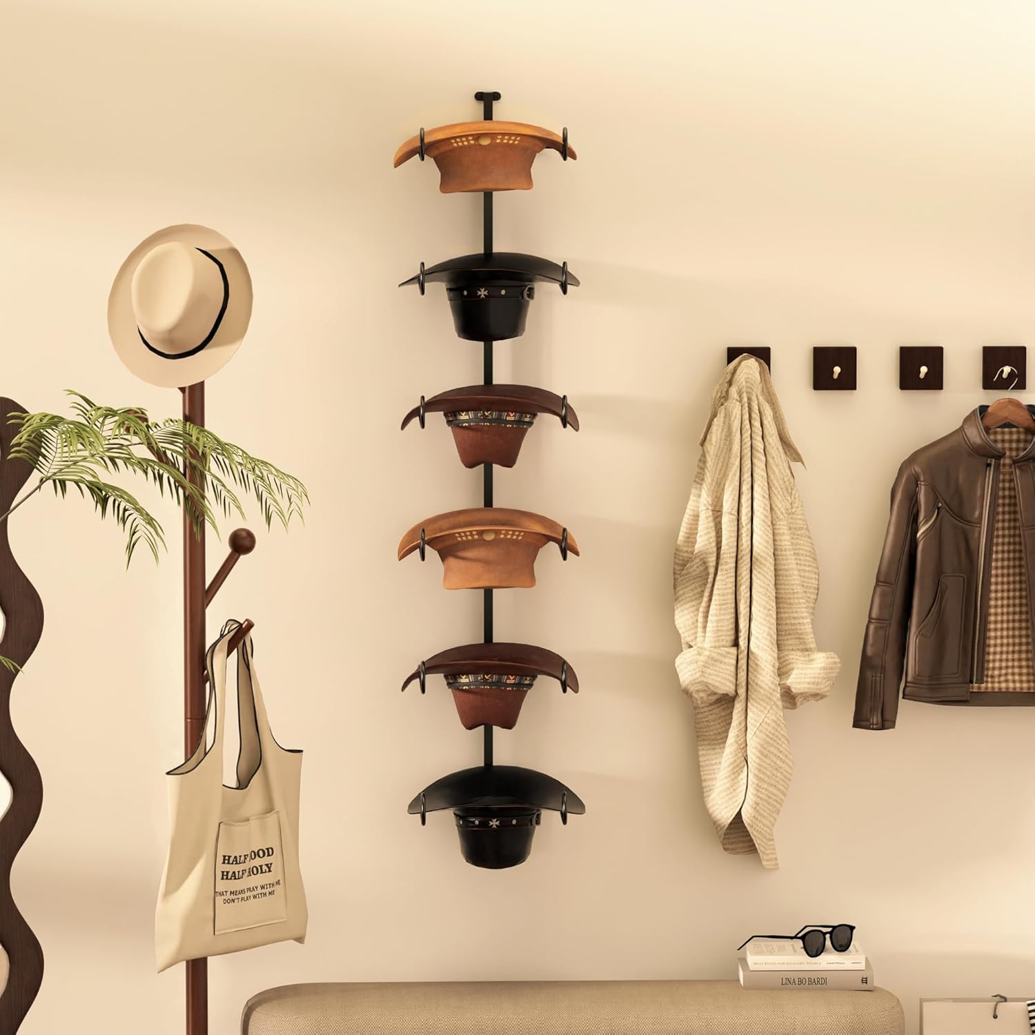 Alyoen Cowboy Hat Rack for Wall, Cowboy Hat Holder Wall Mount Holds Up to 6 Hats, Metal Hat Organizer Storage Hanger, Western Room Decor for Fedoras, Sun Hat