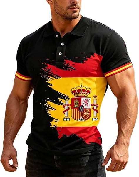 Polo Hombre Manga Corta Copa Mundial 2026, Polo Spagnolo Hombre Polos Verano Camiseta Futbol España Chandal Seleccion Española T-Shirt de La Bandera de España con Cuello de Botones Top Deportivo - 1