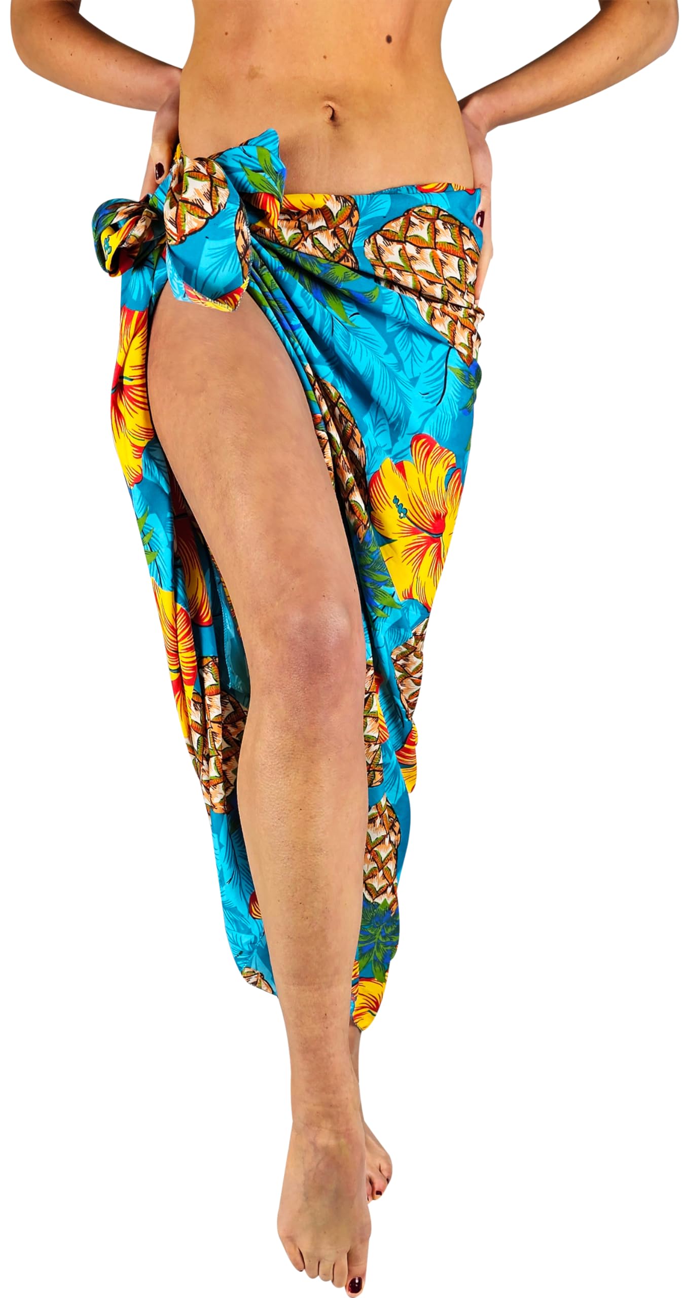 King Kameha Funky Hawaiian Cover-up Pareo Sarong, Pineapple Hibiscus, Turquoise, Big