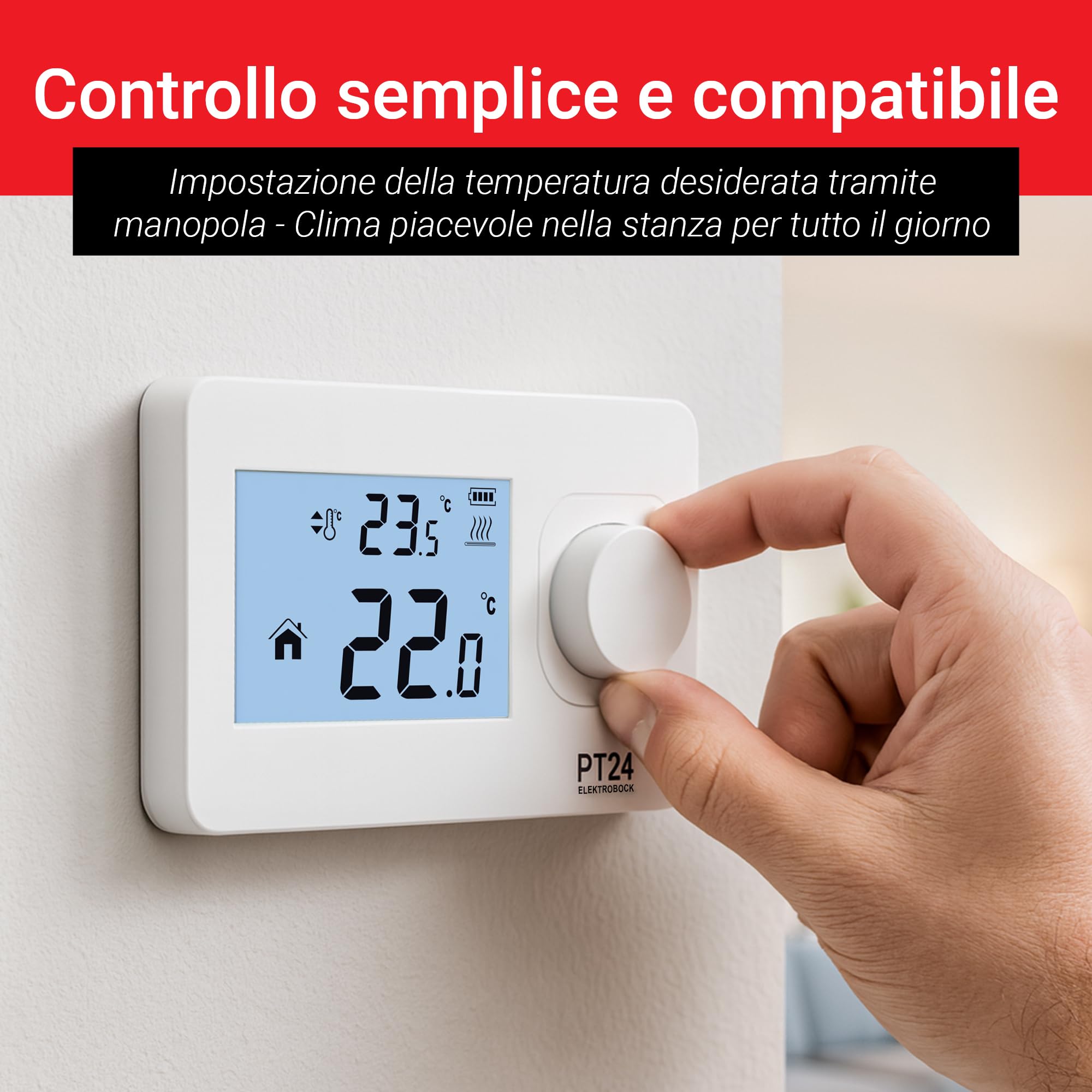 Elektrobock PT24, termostato ambiente con display LCD | Termostato a parete adatto per tutti i tipi di caldaie | Funzionamento a batteria (2X AAA) | Nessuna programmazione necessaria | Protezione