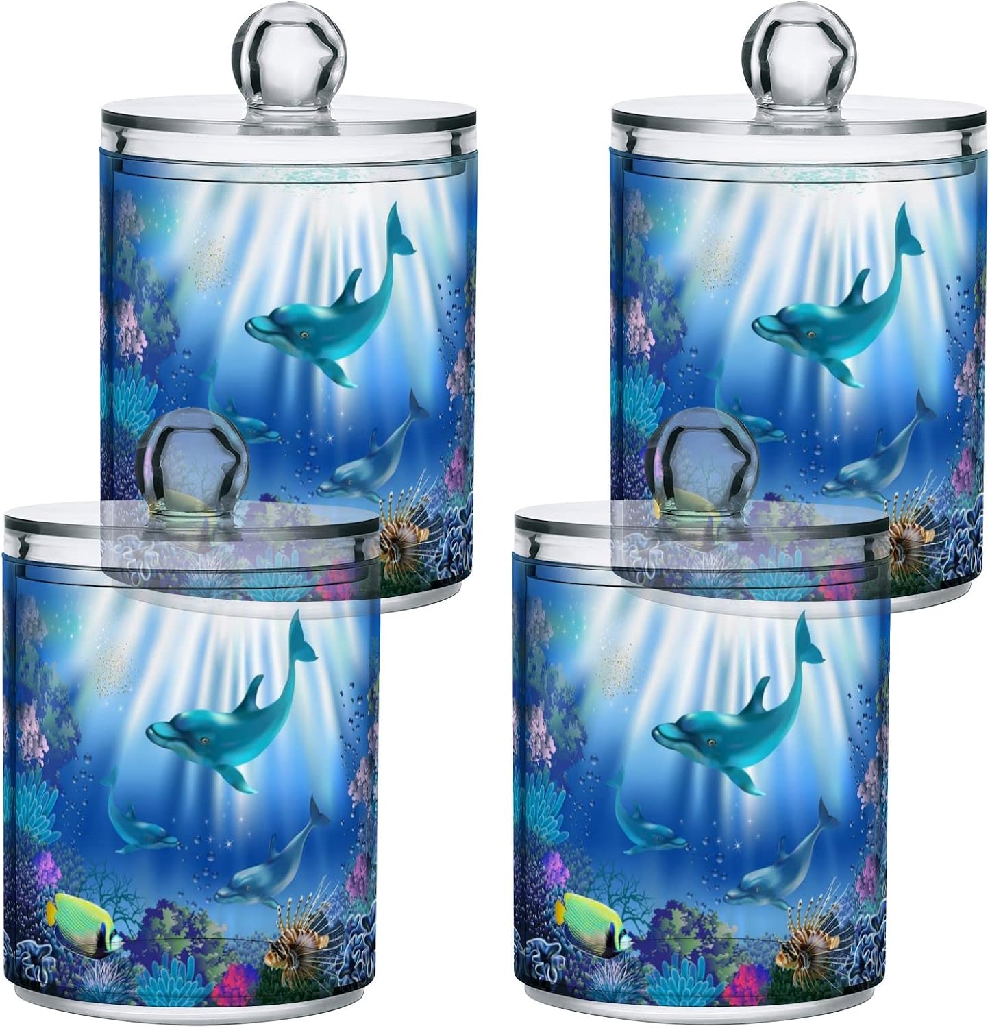 Sea Life Underwater Dolphin Coral Ocean Bubble 4 Pack Qtip Holder Dispenser for Cotton Swab Ball Round Pads Floss 10 Oz Apothecary Jar Set for Bathroom Canister Storage Makeup Organizer