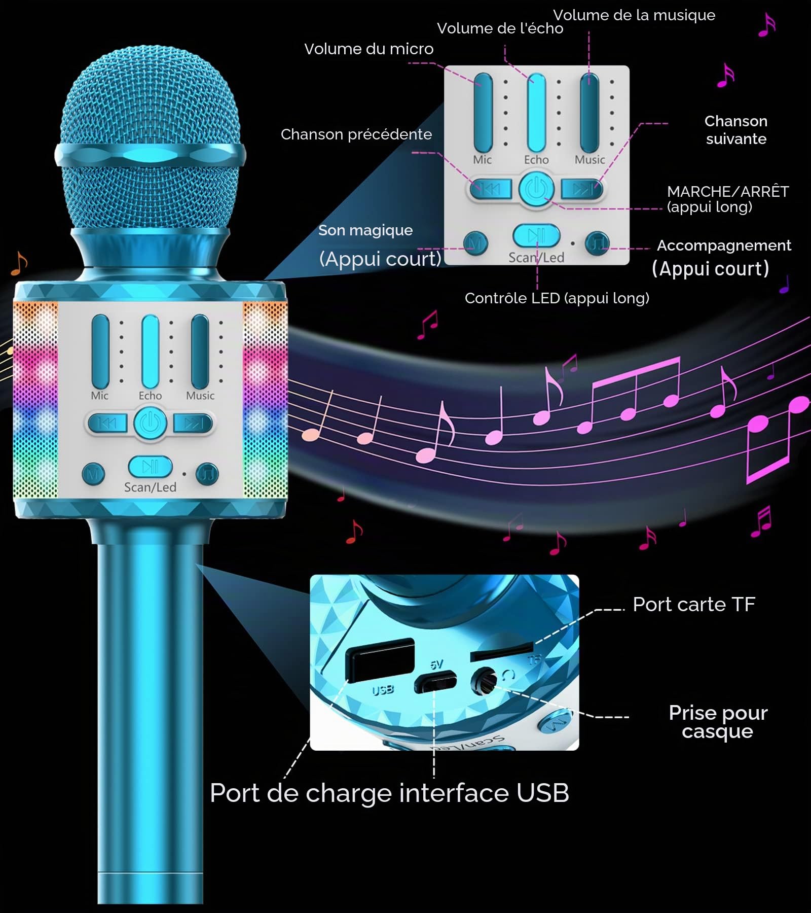 Micros sans Fil Karaoké, Microphone Karaoke Bluetooth avec Lumière Scène, Portable Haut-Parleur pour Enfants/Adultes Fête Chanter Disco KTV Clubs Noël Anniversaire Soiree Idée Cadeau Fille Garcon