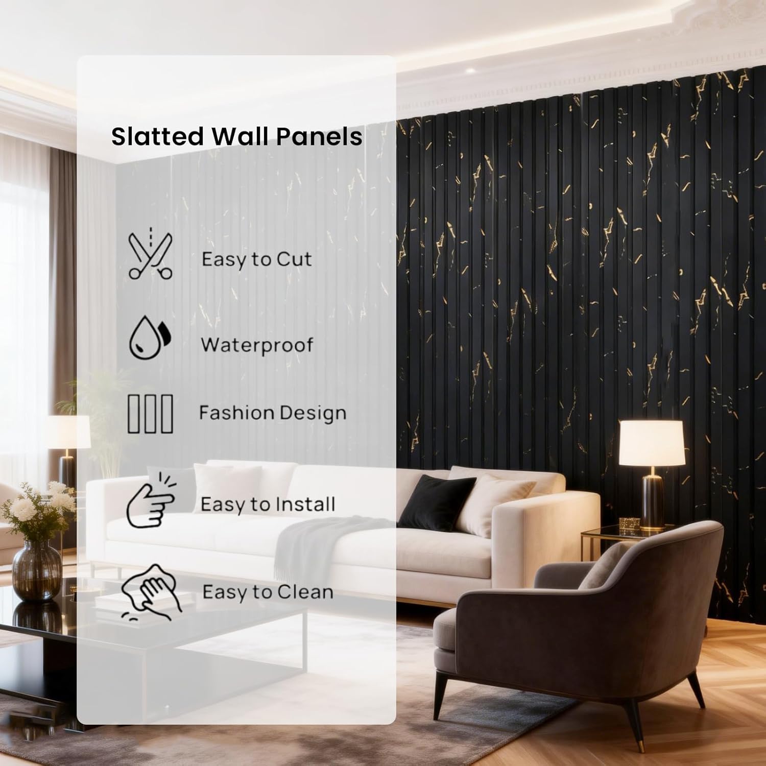 16 Pack Faux Marble Slat Wall Panels for Interior Wall Decor, Waterproof Lightweight Decorative Panels for Accent Wall, DIY Wall Covering for Living Room Bedroom TV Wall, 47.2" × 4.3", Black