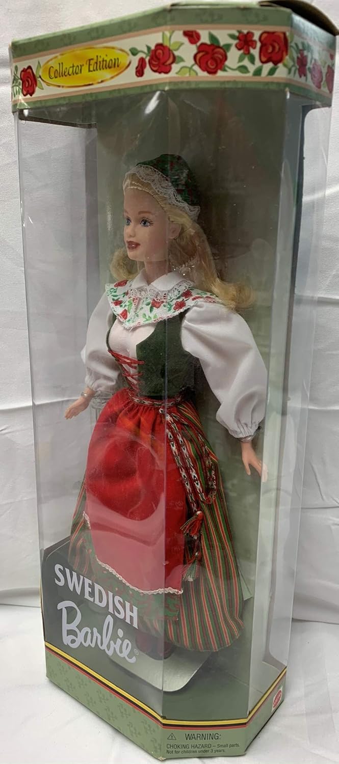 Barbie Year 1999 Collector Edition Dolls of the World 20th Anniversary 12 Inch Doll - Swedish Barbie in One Piece Dress with Attached Apron and Vest Plus Shawl, Hat, Knee Socks, Shoes and Doll Stand