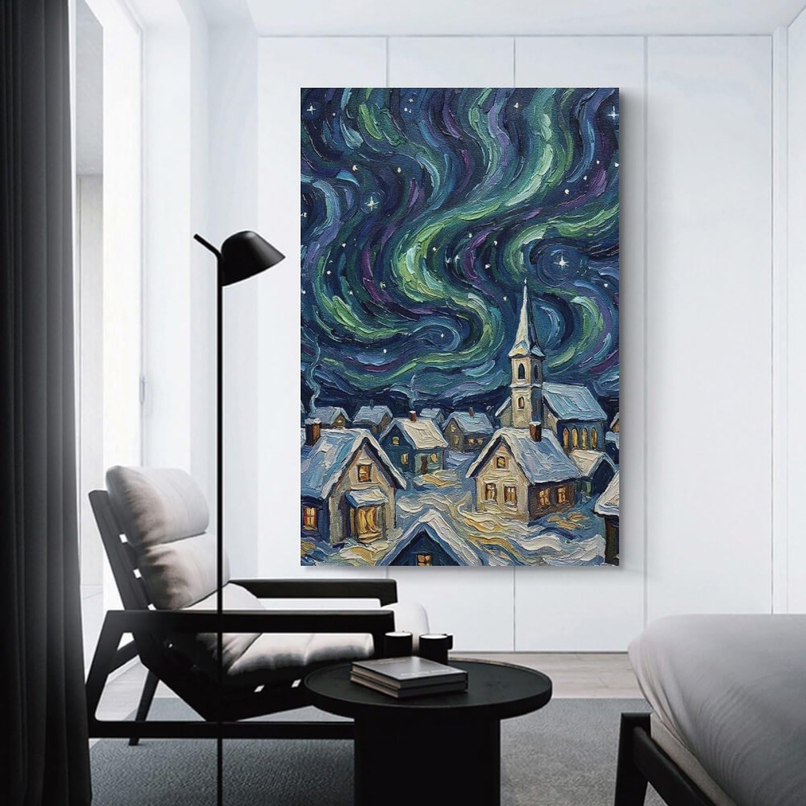 Junmoney Aurora Borealis Over Snowy Village Room Decor Wall Art 20x30inch(50x75cm), for Bedroom Walls, Guest Spaces Or Lounges, An Easy Wall Refresh for Bedrooms