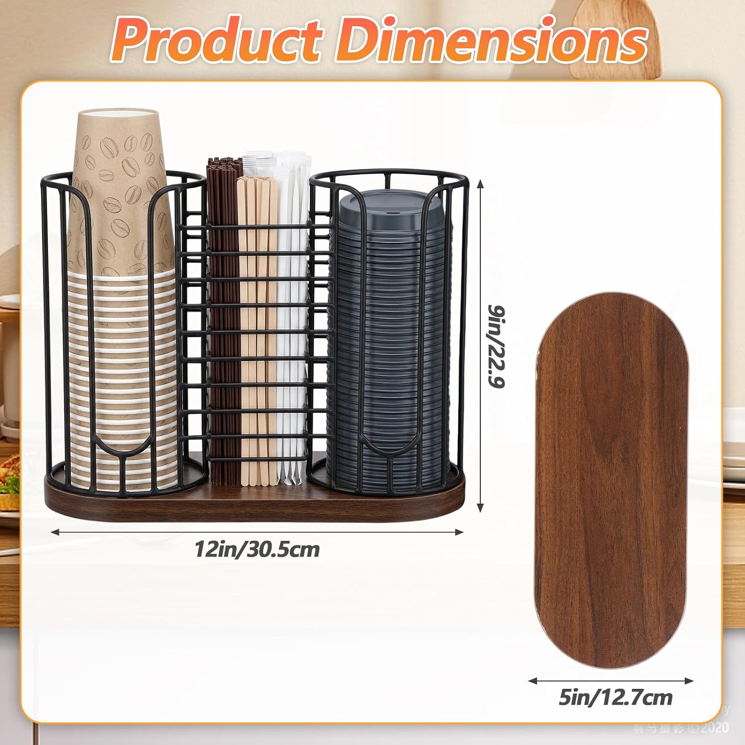 Coffee Cup Holder 3 Compartment Straw Organizer Rack Black | Durable iron and wood build, space-saving 3-slot design, keeps straws and cups tidy, fits coffee bars and kitchens
