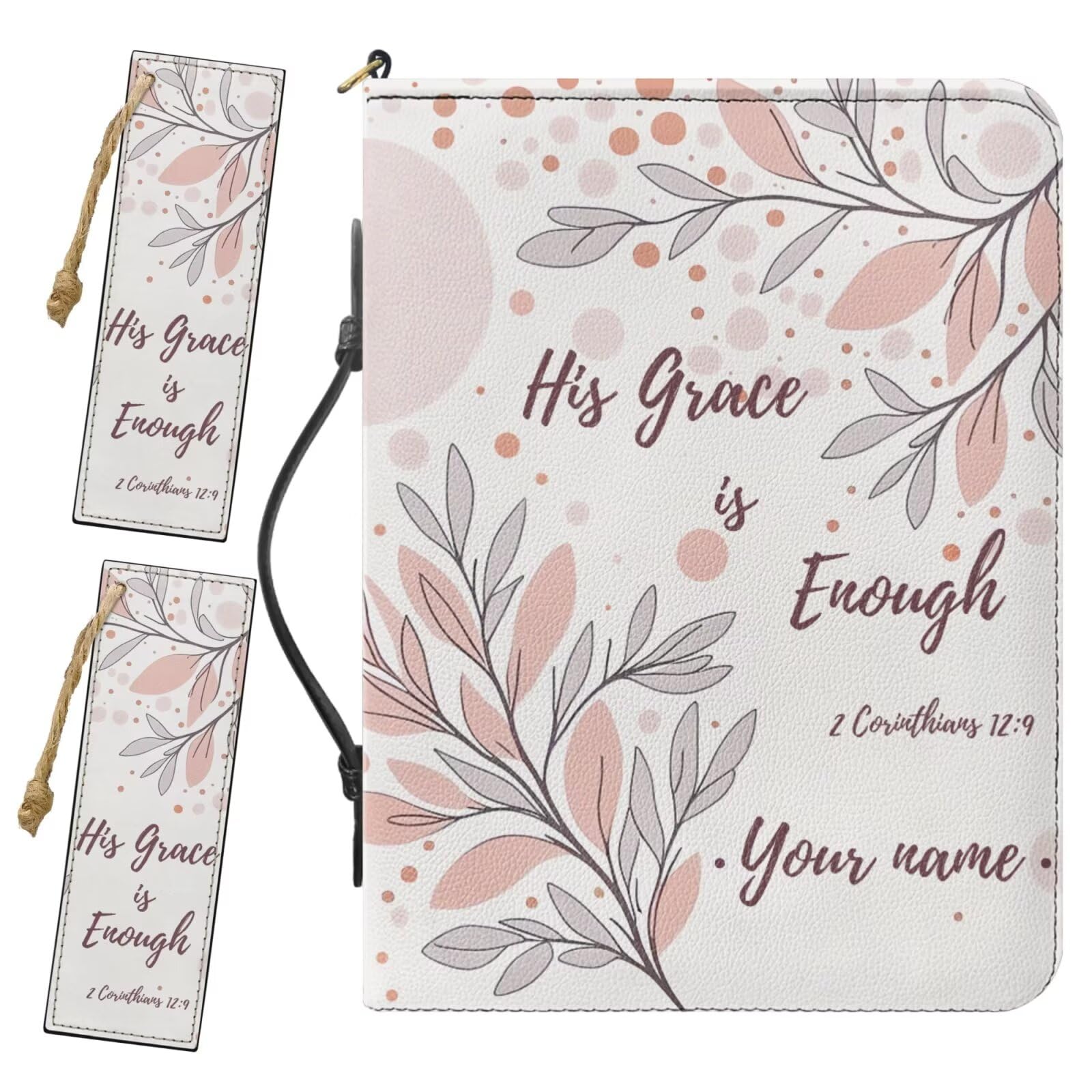 Drnuikhe Personalized Bible Case for Women, Large Bible Cover Case with Name, II Corinthians 12:9 Bible Carrier with 2 Bookmarks Handle Inner Pockets Pen Loop,Bible Accessories Women, White