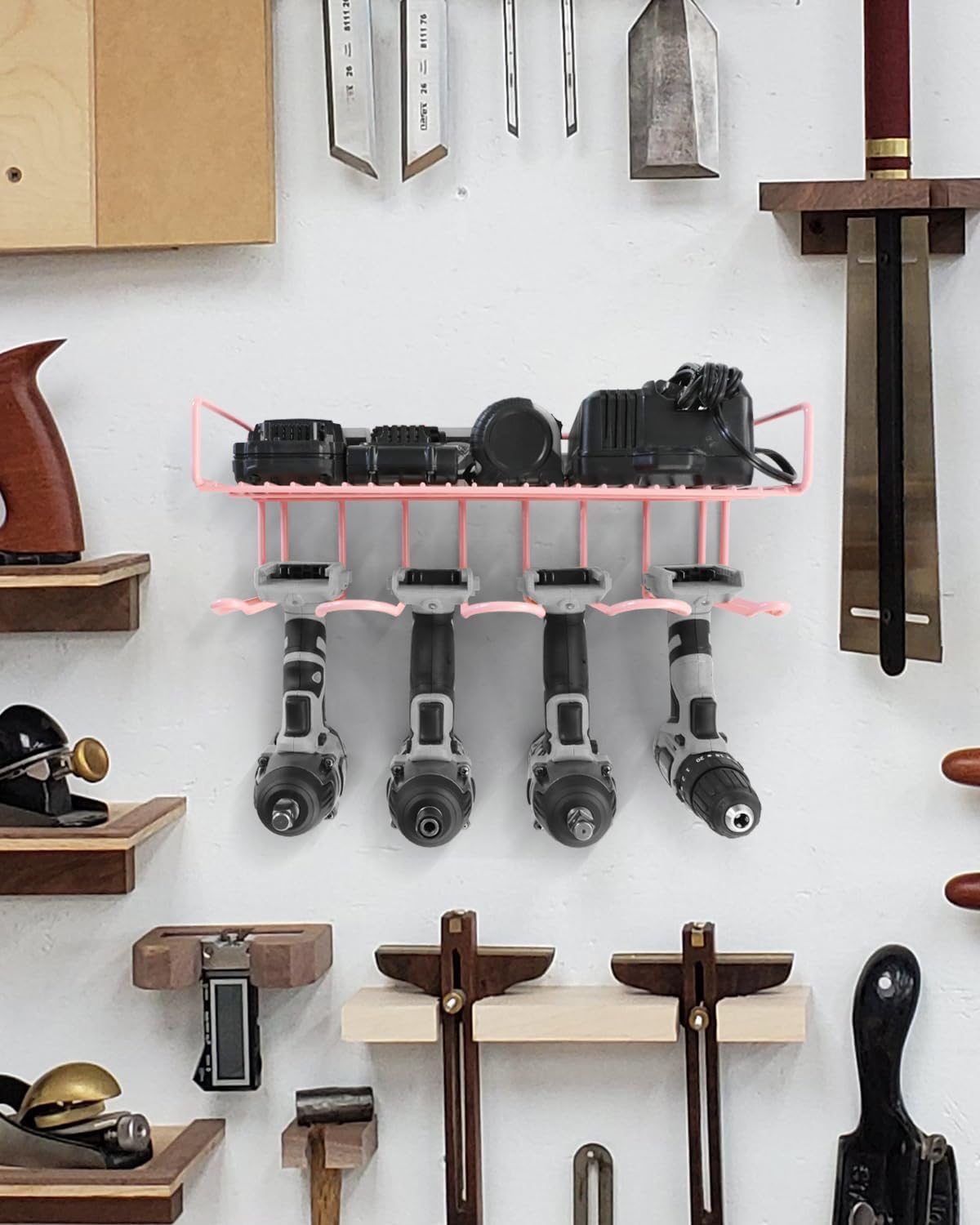 Pink Power Tool Organizer - Wall Mount Style for Power Tool Drill Storage as Heavy Duty Tool Shelf & Tool Rack with Compact Design
