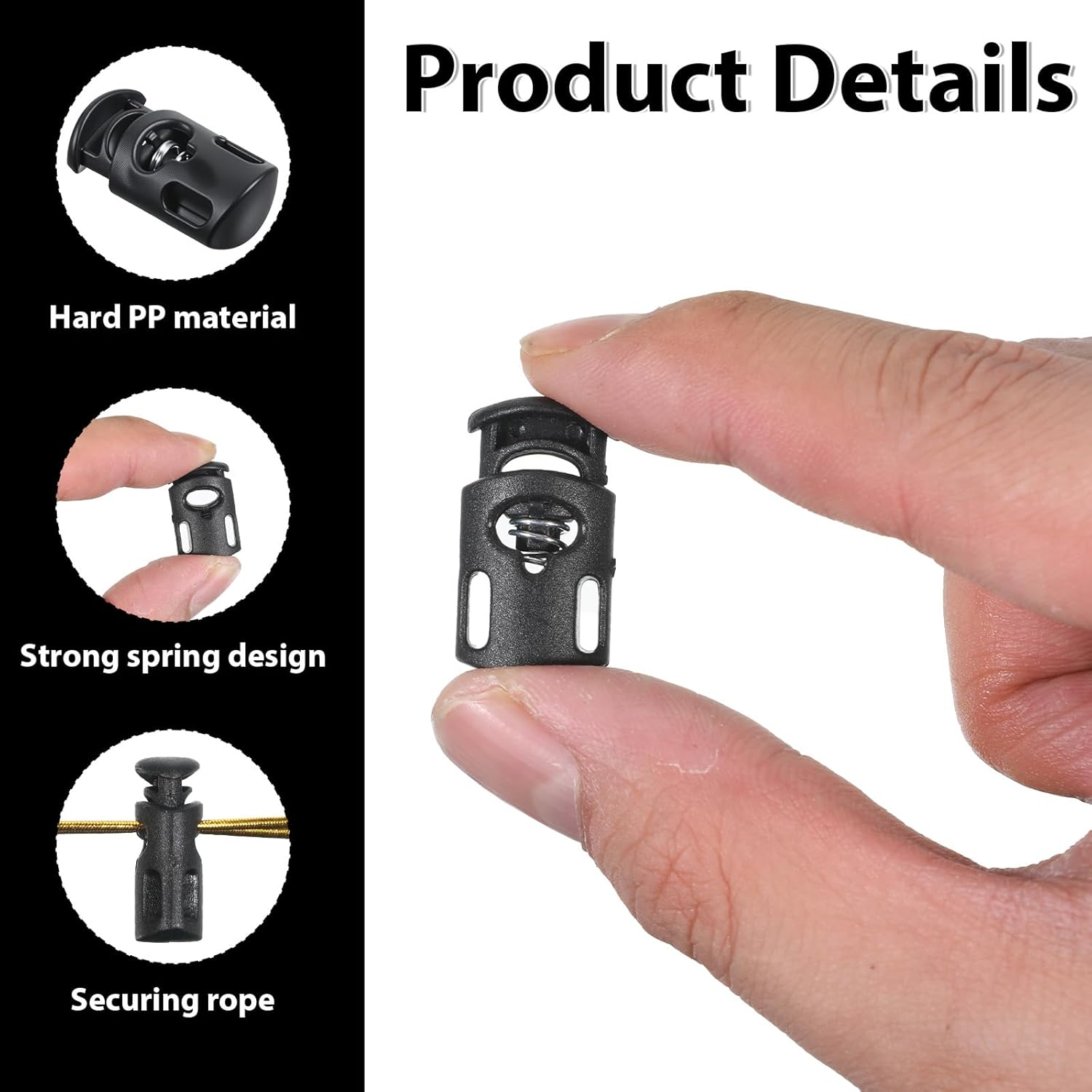 35 Pcs Black Plastic Cord Locks End Spring Toggle Stopper, Single Hole Spring Toggle Stopper for Drawstrings Shoelaces Paracord Bags Clothing Elastic Cord Clothing DIY Projects - Image 3