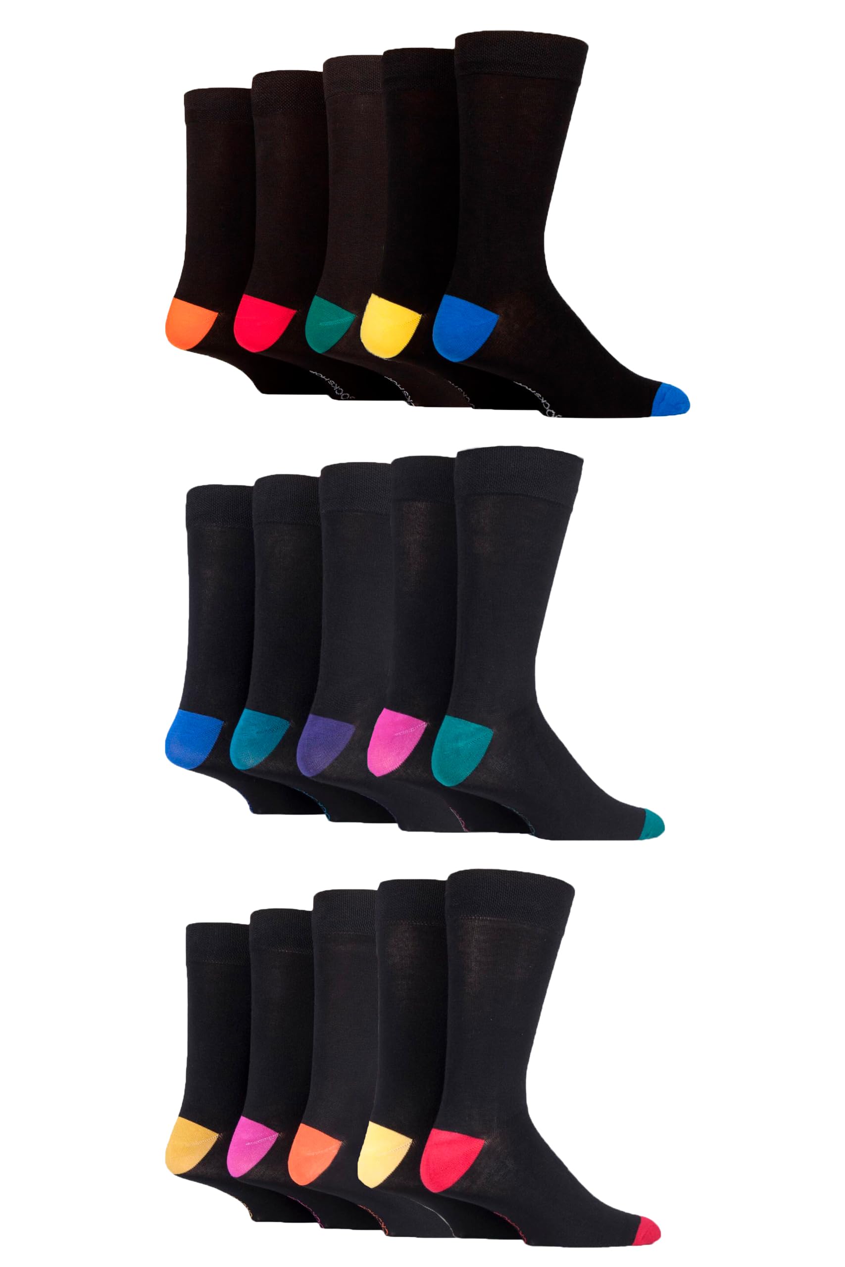 SockShop Mens Soft Bamboo Socks - Breathable & Cooling In Many Patterns and Colours in Size 7-11 in a 15 Pair Multipack Black Heel & Toe 7-11