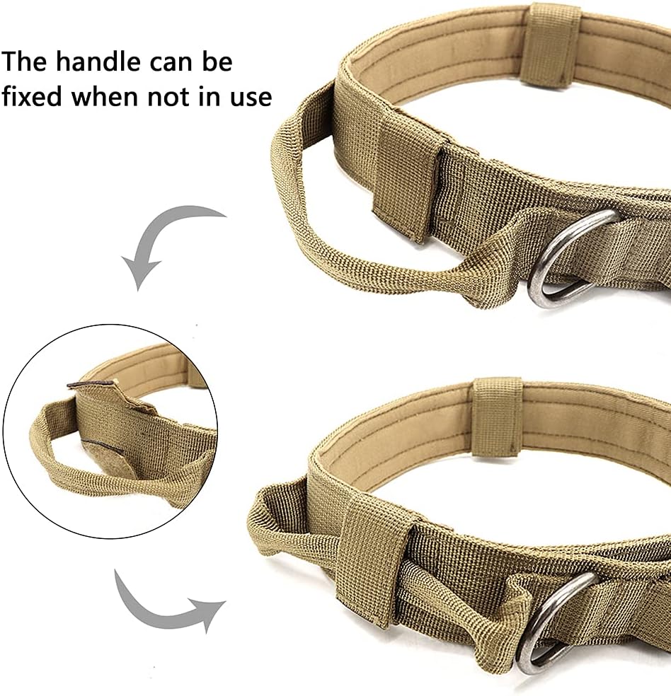 Personalized Military Tactical Dog Collar with Handle, Custom Pet Name Tags for Medium Large Dogs Walking Training (Khaki, XL)