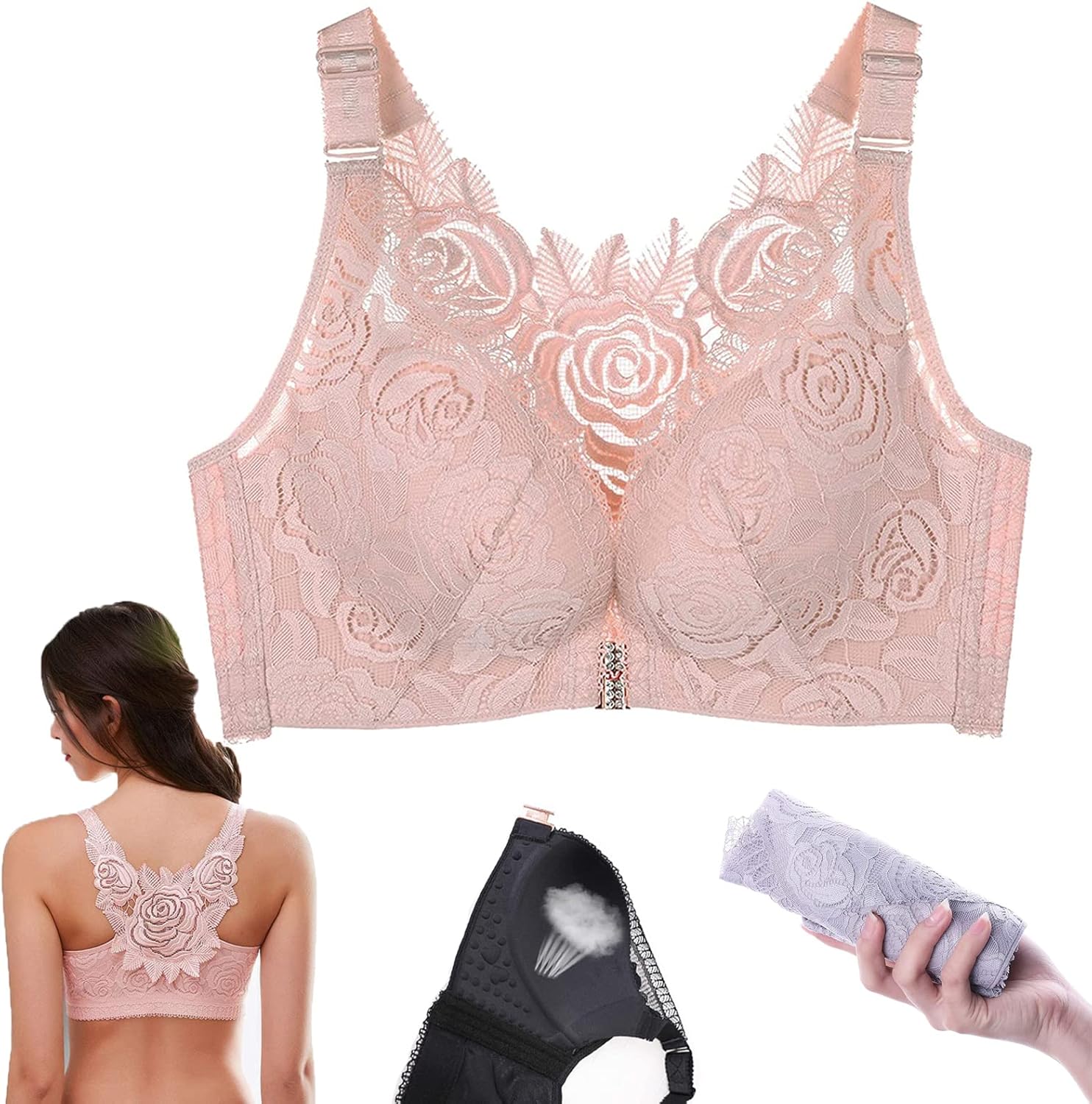 FitMe Rose Embroidery Front Closure Wirefree Bra, Lace Floral Secrets