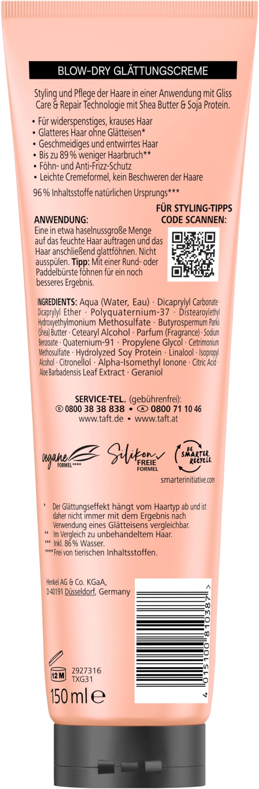 Taft x Gliss krem wygładzający Sleeky Smooth (4 x 150 ml), krem do stylizacji dla prostych włosów bez prostownicy, z dodatkową ochroną przed suszarką i przeciw puszeniu się