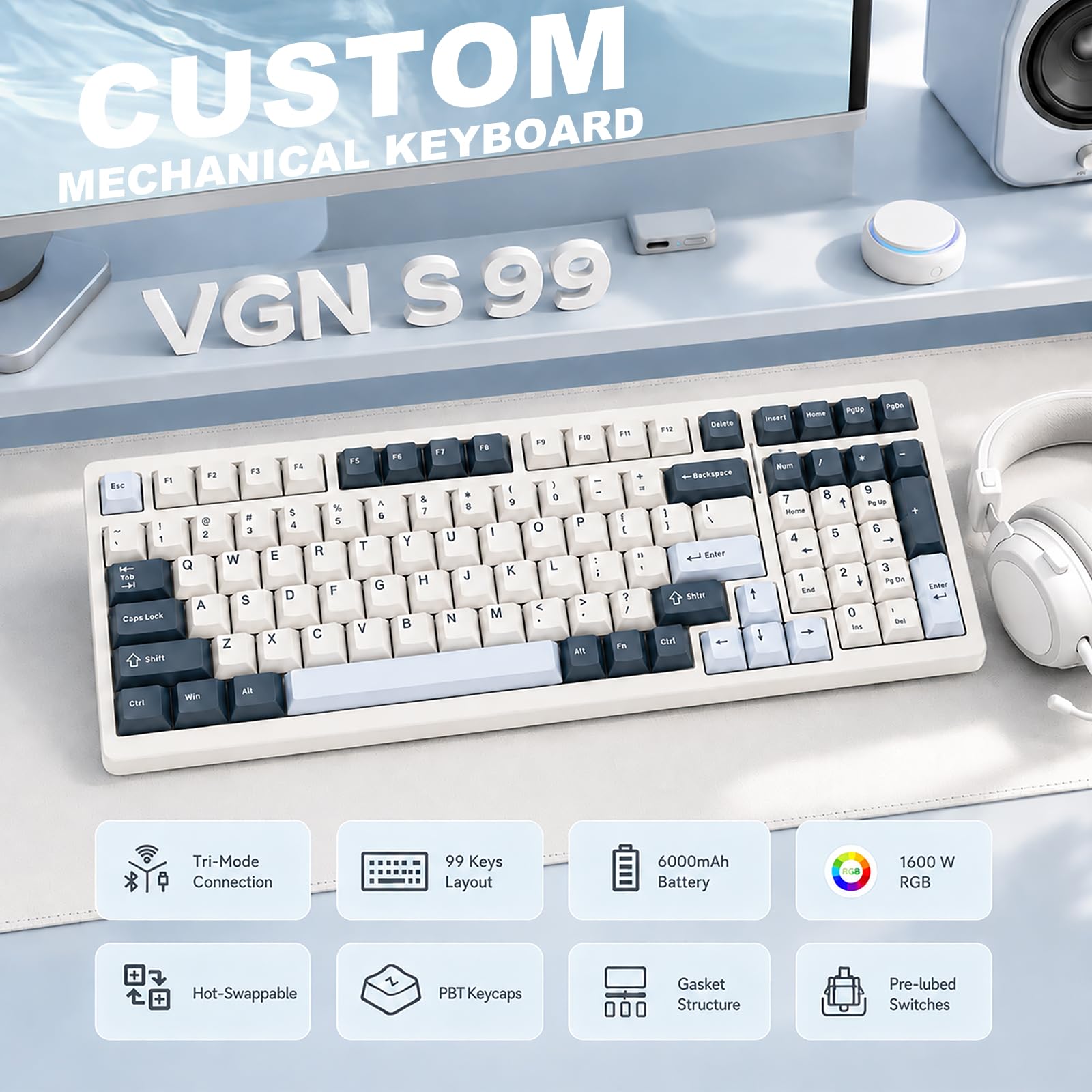 VGN Tastiera wireless S99, Tri-Mode Bluetooth 5.0/2.4GHz/USB-C, tastiera meccanica hot swap, interruttori lineari pre-lubrificati, tastiere per computer retroilluminate RGB per PC/tablet/Xbox, blu