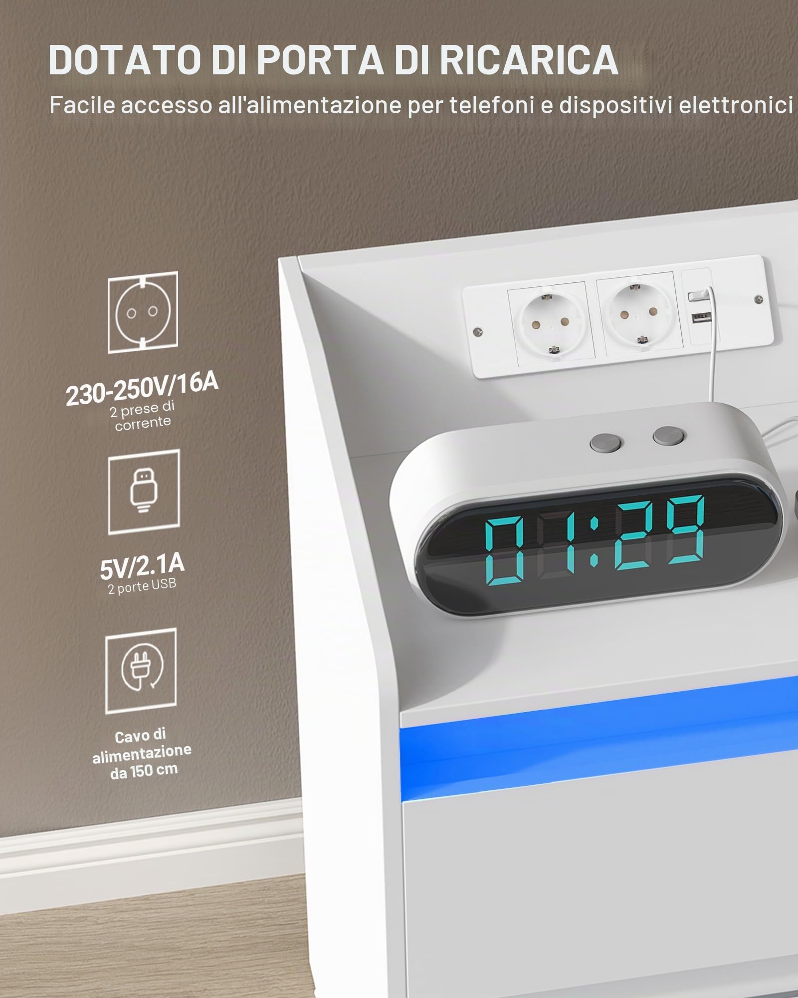 Hzuaneri Comodini set di 2,Luci a LED, Stazione di Ricarica e 2 Cassetti | Tavolino da Notte con Porte USB e Prese di Corrente, Ideale per Soggiorno e Camera da Letto, Bianco NS30103X
