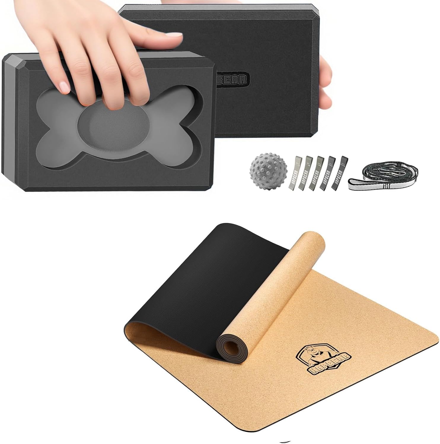 HAPBEAR Cork Yoga Kit: 72"x36" Wide Non-Slip Cork Yoga Mat (w/Resistance Bands & Carry Bag) + 2-Pack 9x6x3" High-Density EVA Yoga Blocks