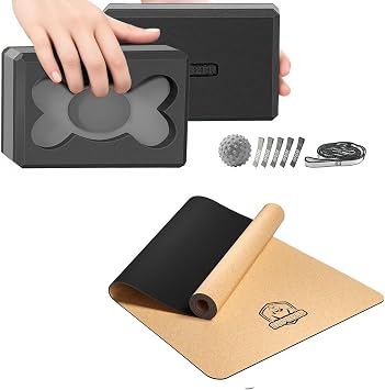 HAPBEAR Cork Yoga Kit 72"x36" Wide Non-Slip Cork Yoga Mat w/Resistance Bands & Carry Bag + 2-Pack 9x6x3" High-Density EVA Yoga Blocks