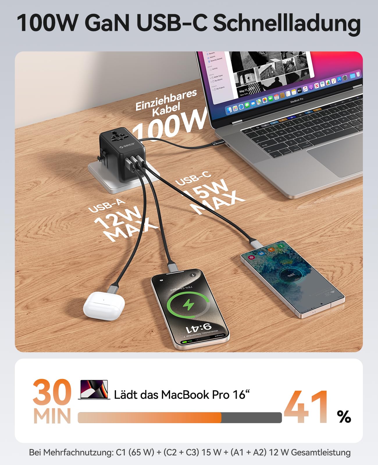 ORICO 100W GaN Reiseadapter mit Ausziehbarem Kabel, 7-in-1 Reisestecker, 3USB-C 2USB-A 2AC, 2 Sicherungen, Internationaler Adapter für Europa, UK, USA, Asien - UAX(Schwarz)