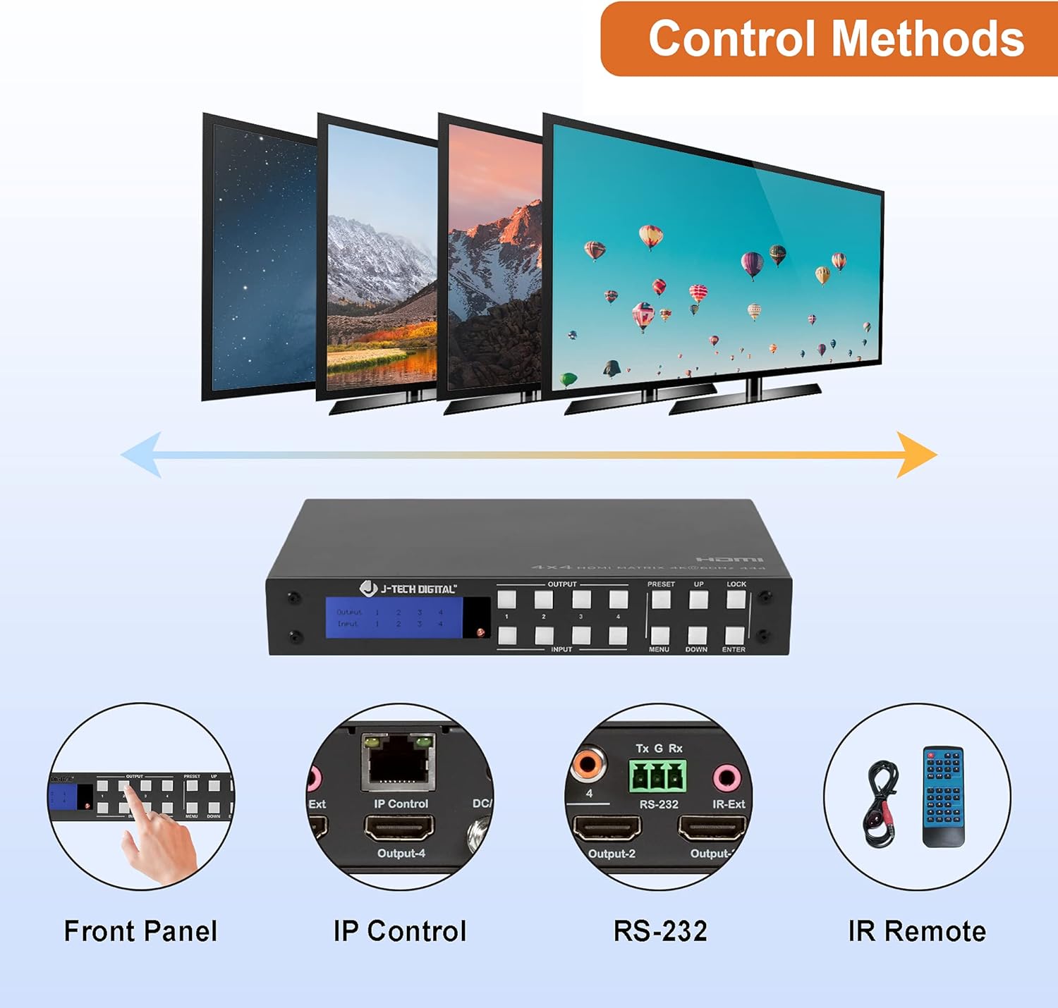 J-Tech Digital 4K 4x4 HDMI Matrix Switch HDMI2.0 4K 60Hz 4:4:4 HDR Compatible with Dolby Vision, with Audio Outputs, Display Panel, Web GUI Control, J-Tech Digital Control App [JTECH-4KM44A]