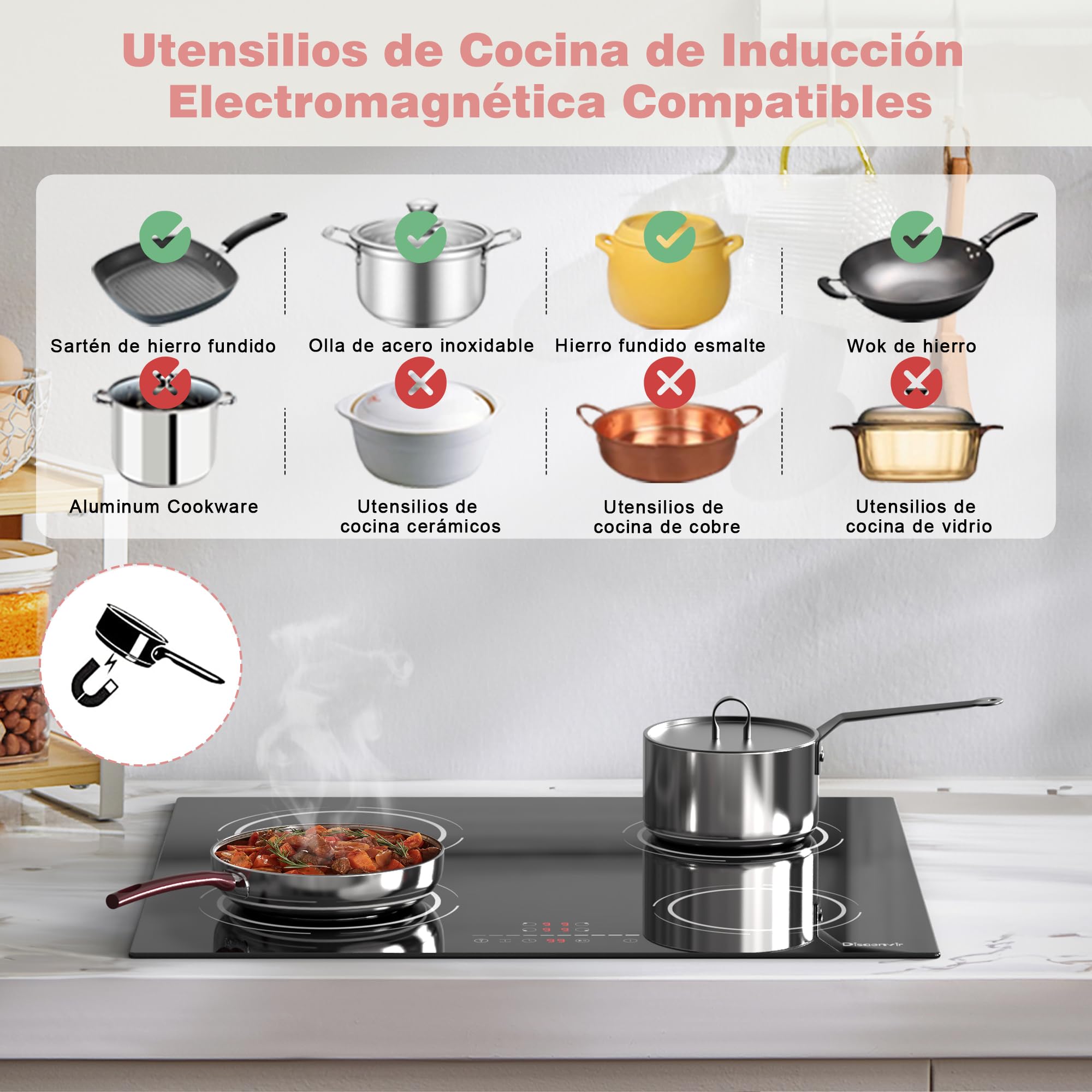 Placa Induccion 4 Fuegos 6400W, Placa de Inducción Integrada 4 Placas, Vitroceramica Induccion Flexible Zone, Función de Pausa, 9 Nivels, con Temporizador, Cerradura Infantil | Booster - Interruptor de seguridad para niños, temporizador, función de pausa,