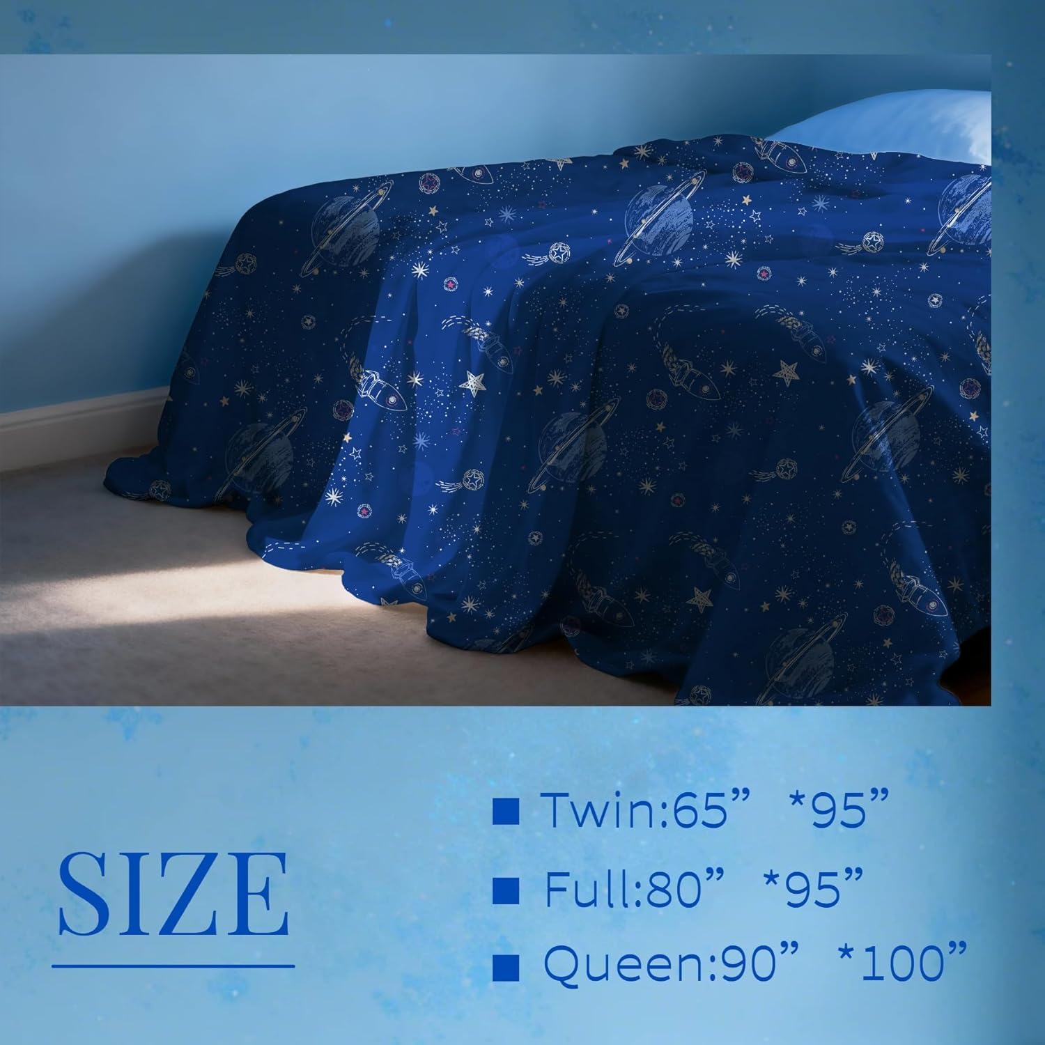 MAG Space Galaxy Flat Sheet Full Size 80"x95", Blue Star & Rocket Print Top Sheet, Super Soft Microfiber for Kids Boys Girls and Toddler.