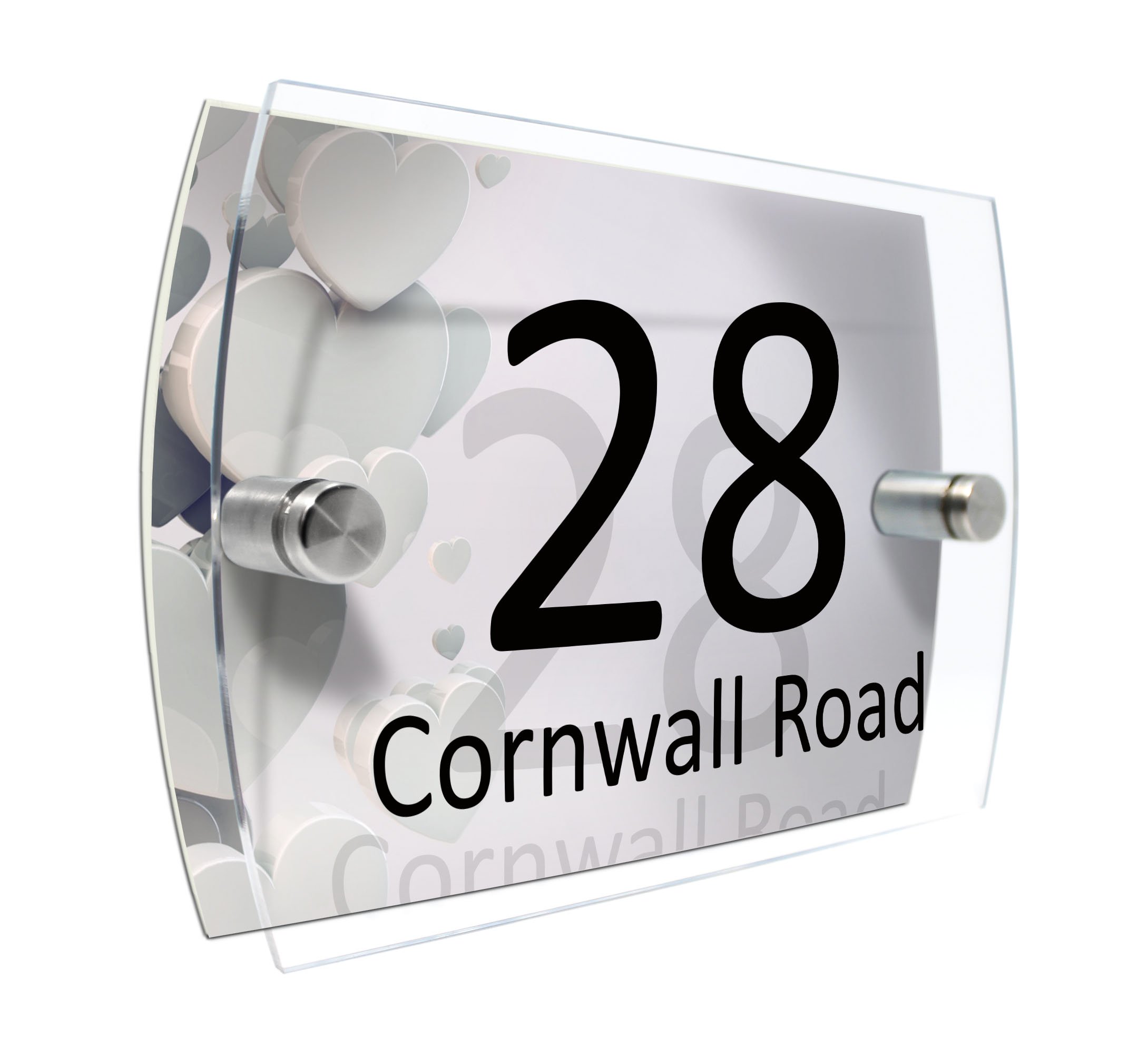 CS Printing House Number Sign Plaque Garden Glass Effect Acrylic Sign Door Plate Marble Wall Display 2 Part Branded Acrylic (White Hearts)