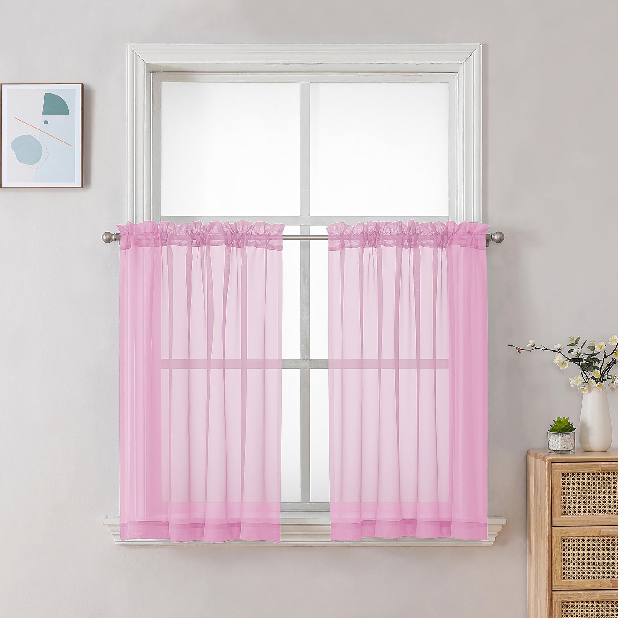 Chyhomenyc Pink Sheer Curtains 30 inch Length 2 Panels, Light Filtering Voile Rod Pocket Short Window Curtians for Bathroom Living Room Farmhouse Small Windows, 42Wx30L inches