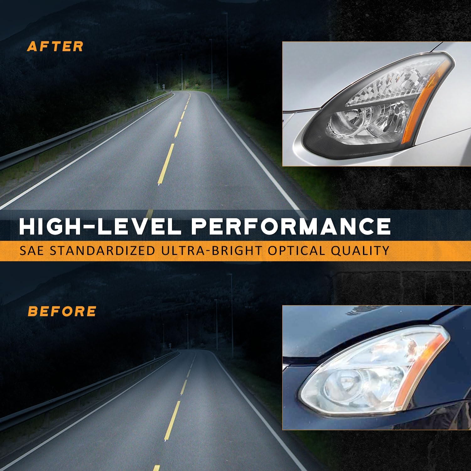 Before and after images showing improved road illumination and clearer headlights after replacement.