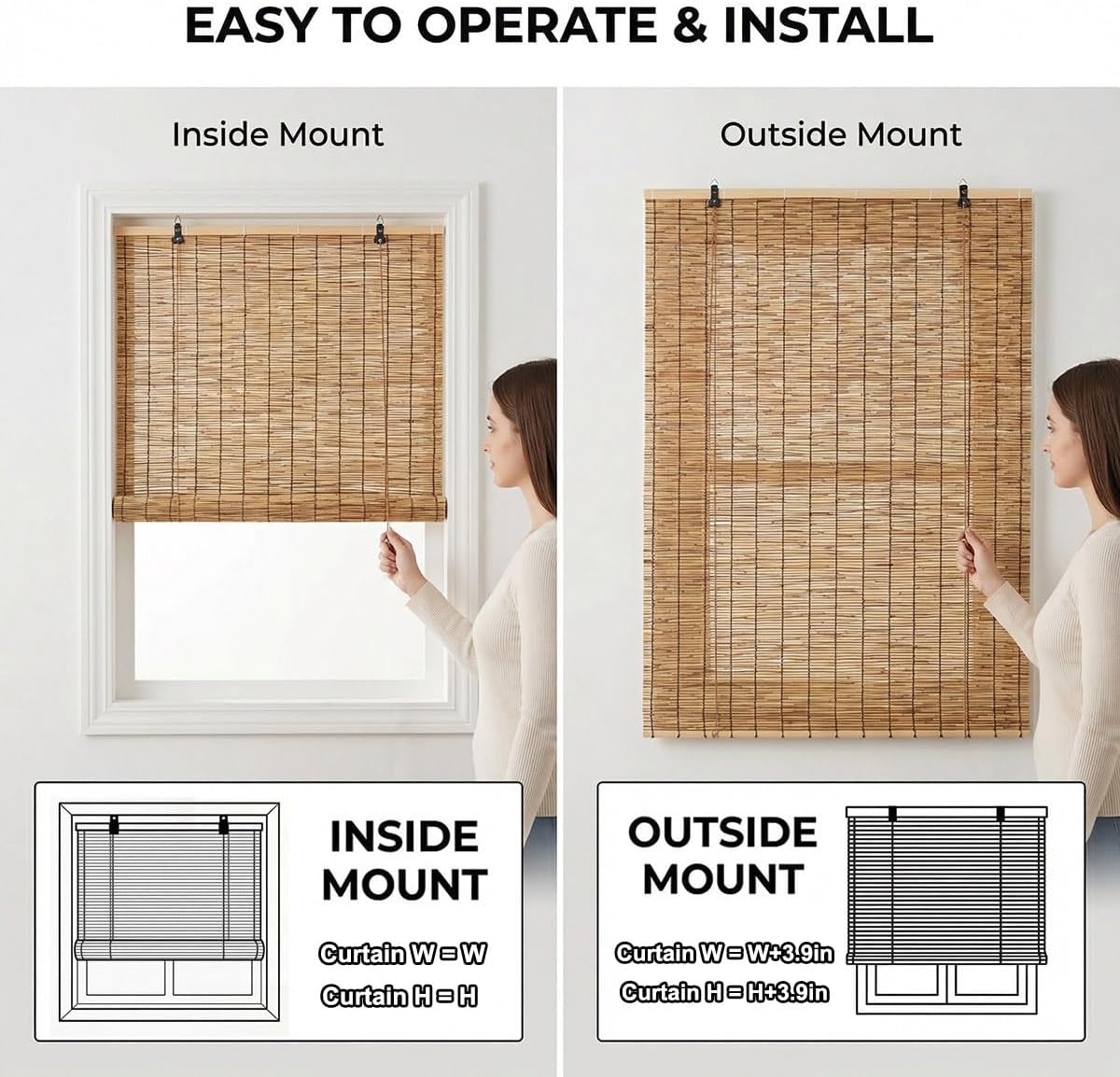 Bamboo Blinds Outdoor, Breathable Bamboo Shades for Outdoor Patio, 48" 60" 64" 72" 80" Wide, Weather Resistant Privacy Sun Shade, Bamboo Roll Up Shades for Porch, Balcony & Sunroom(46" Wx48 H)