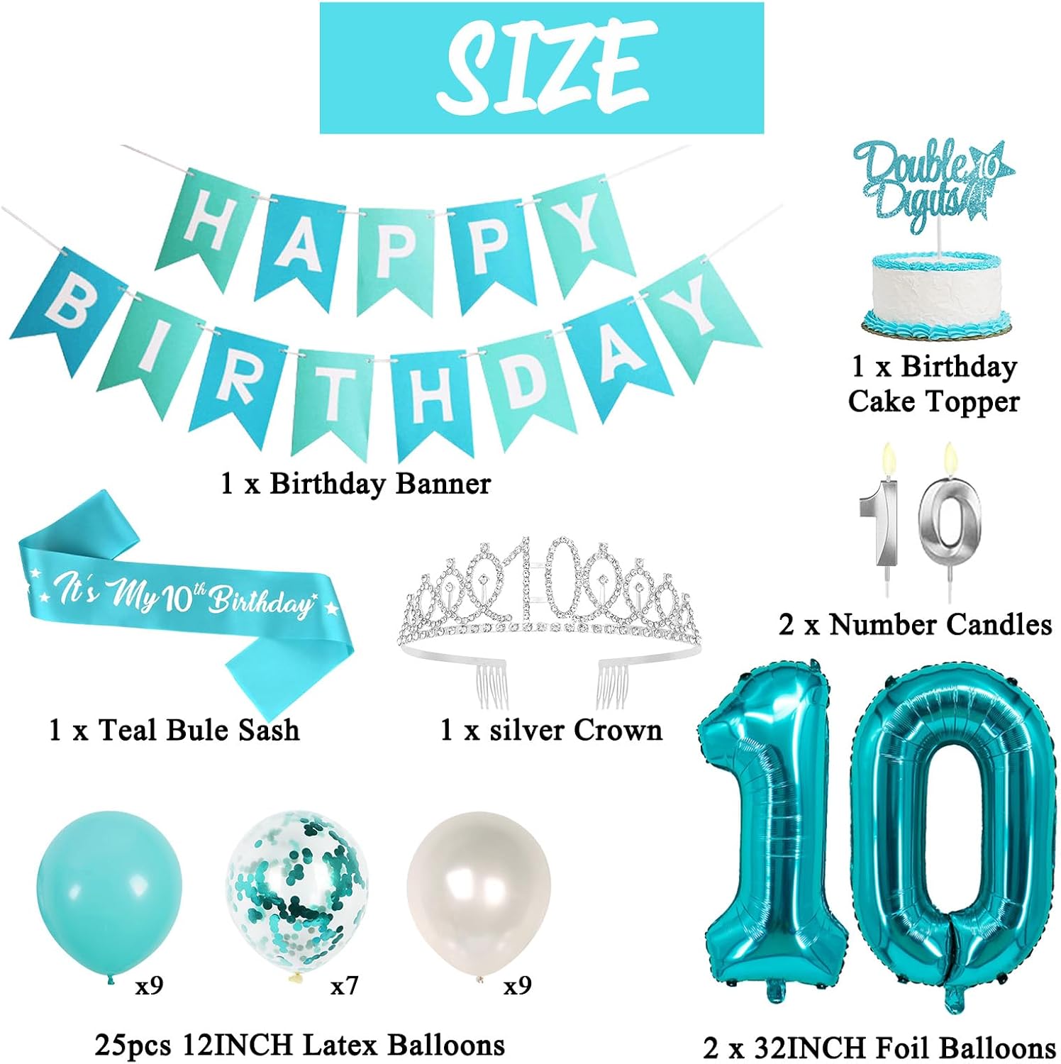 Trgowaul 10th Birthday Decorations for Girls, Banner, 10 Years Old Sash and Crown, Double Digit Cake Topper, 10 Number Balloon, Teal Blue 10th Birthday Party Supplies