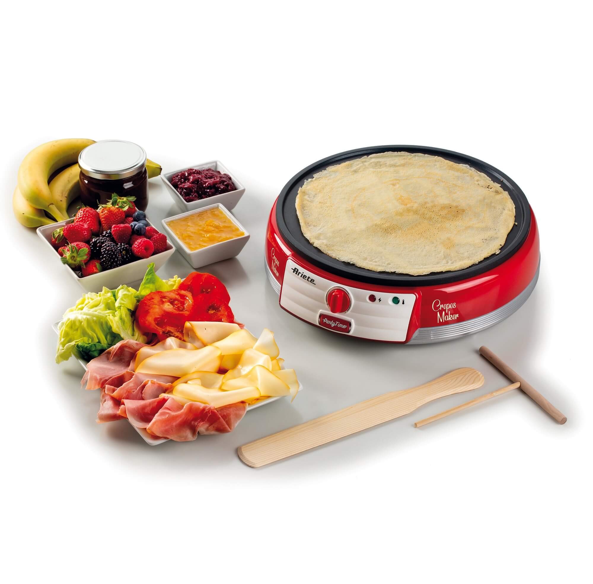 Ariete Crêpière Party Time 202, Crêpière Électrique avec Plaque Anti-Adhésive, Plaque à Crêpes Électrique avec Spatule et Étaleur de Pâte Inclus, 1000W, Rouge