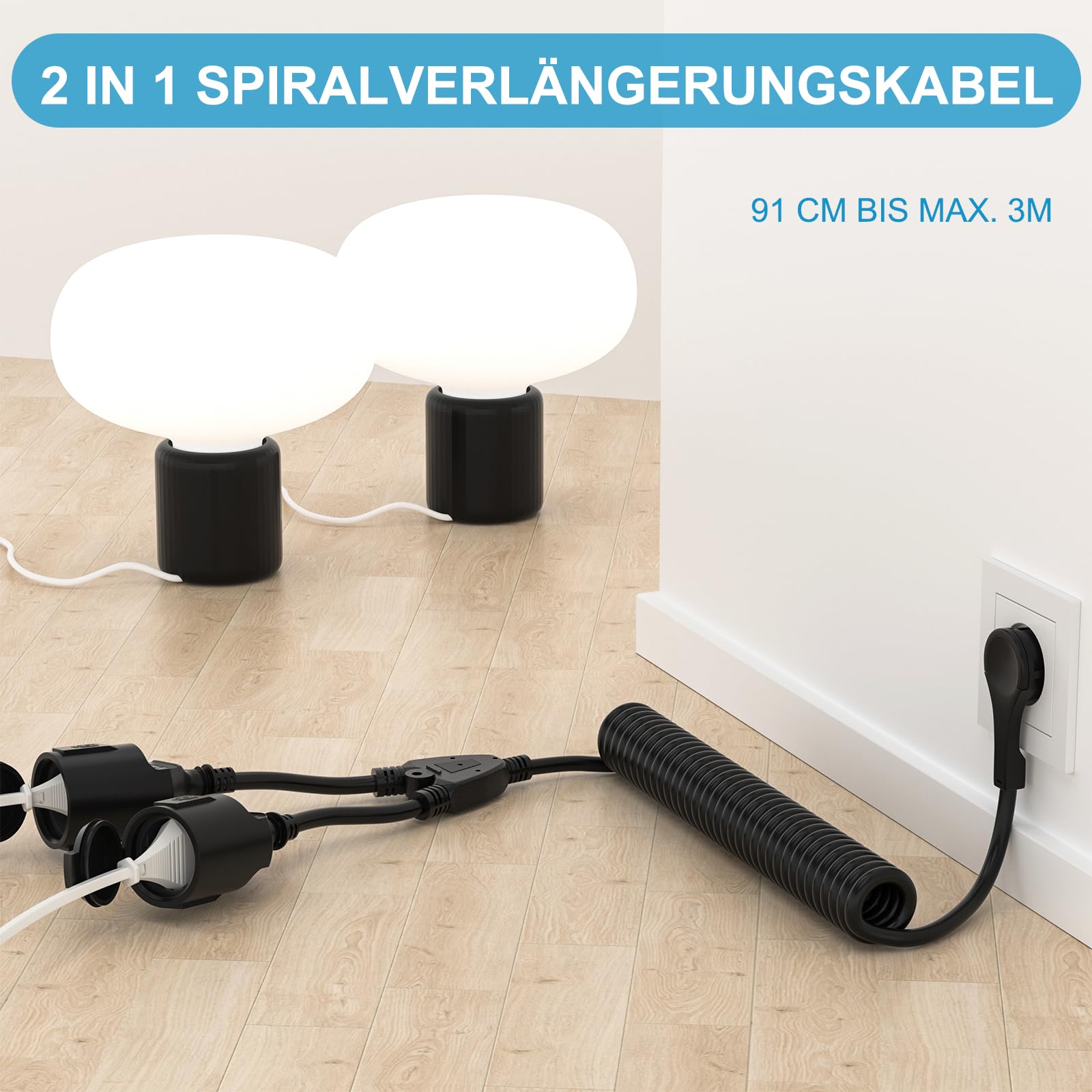 Rallonge spiralée, IP20, étanche, 1 à 2 contacts de protection, câble spiralé, extensible de 3 m Max, rallonge avec 2 prises Schuko (250 V/16 A, noir)