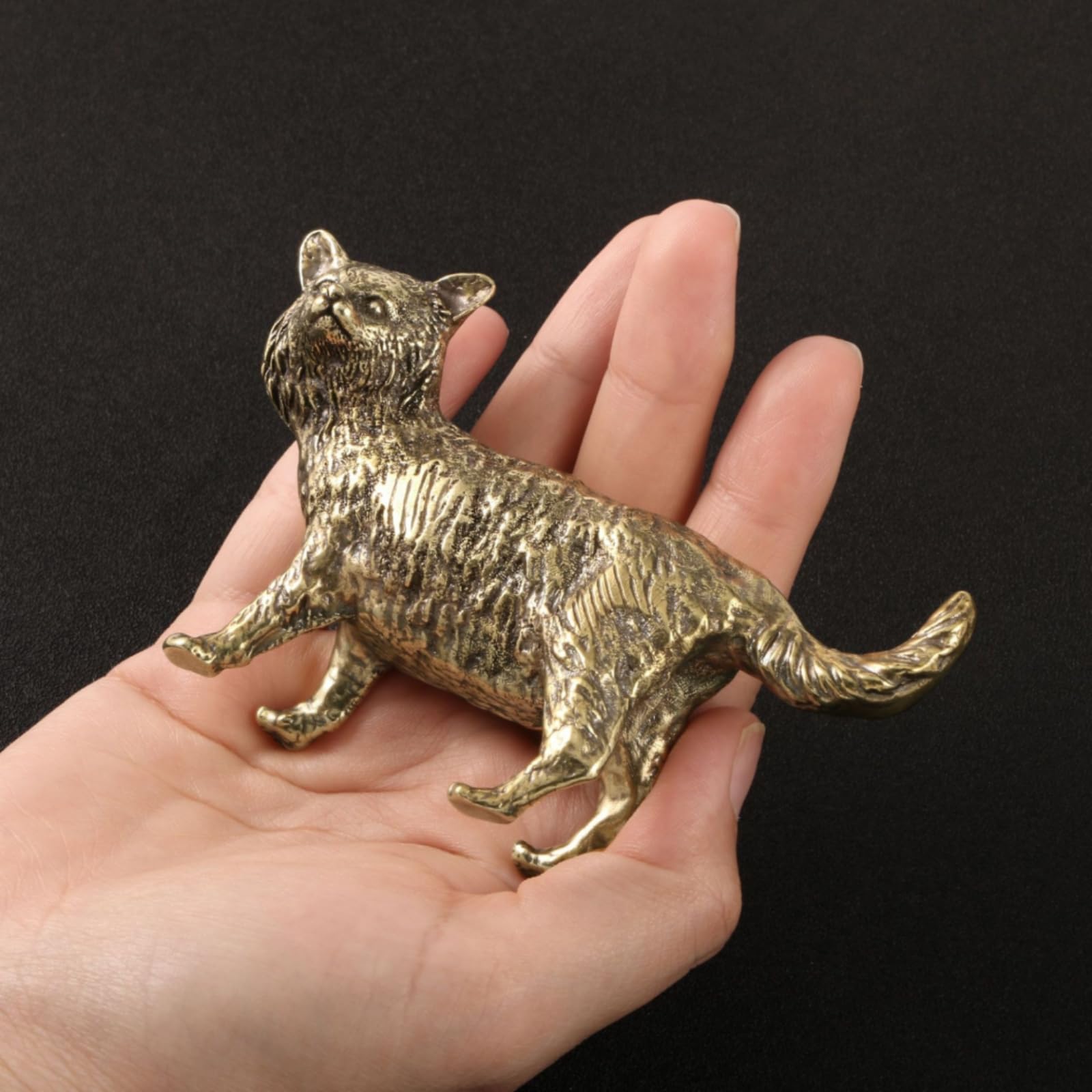 Statuette d'animal en Laiton Texturé Statuette d'animal Miniature Artistique Compagnon Thé pour Bureau, Grand Chat