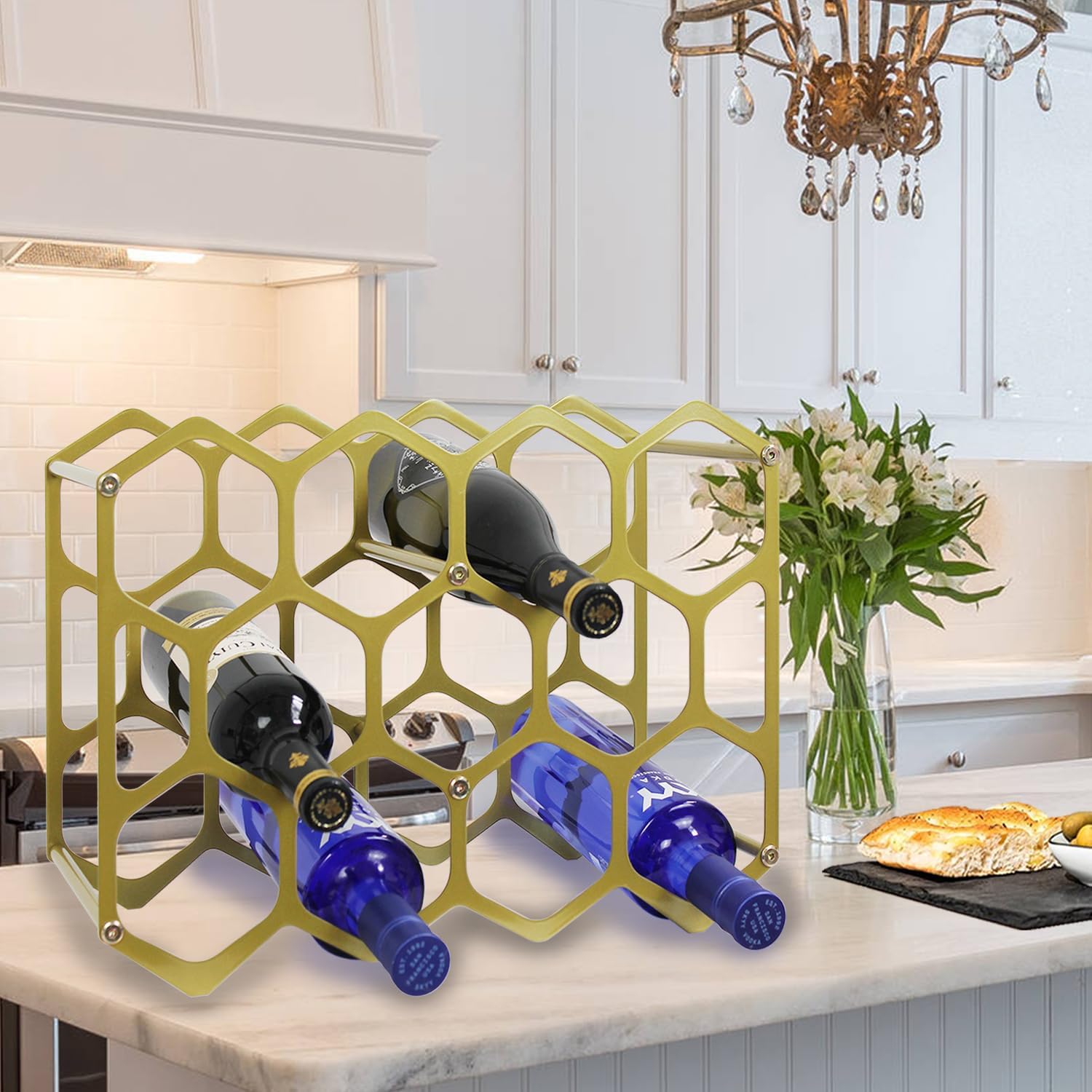 AT-VALY Countertop Wine Rack,Durable and Sturdy Freestanding 14 Bottle Wine Holder for Home Decor, Bar,Cabinet,Pantry (Gold)