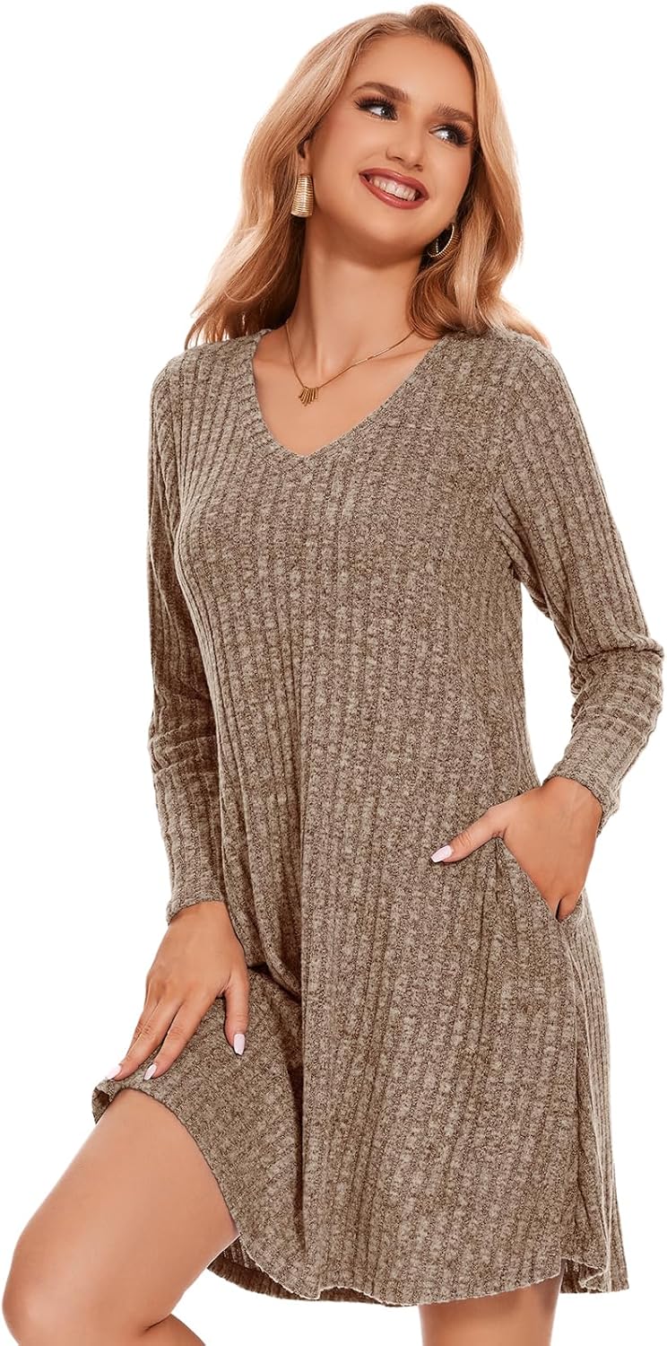 ZENNILO Women Plus Size Sweater Dress Long Sleeve Dress for Women Basic V Neck Fall Winter Tunic Dresses with Pockets - Image 8