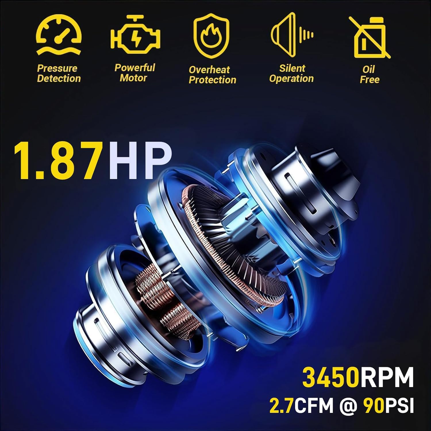 8 Gallon Ultra Quiet Air Compressor with Wheels, Oil-Free Portable Horizontal Tank, 70dB 1.87HP 2.7CFM 115PSI, for Auto Repair, Tire Inflation, Spray Painting, Woodwork Nailing