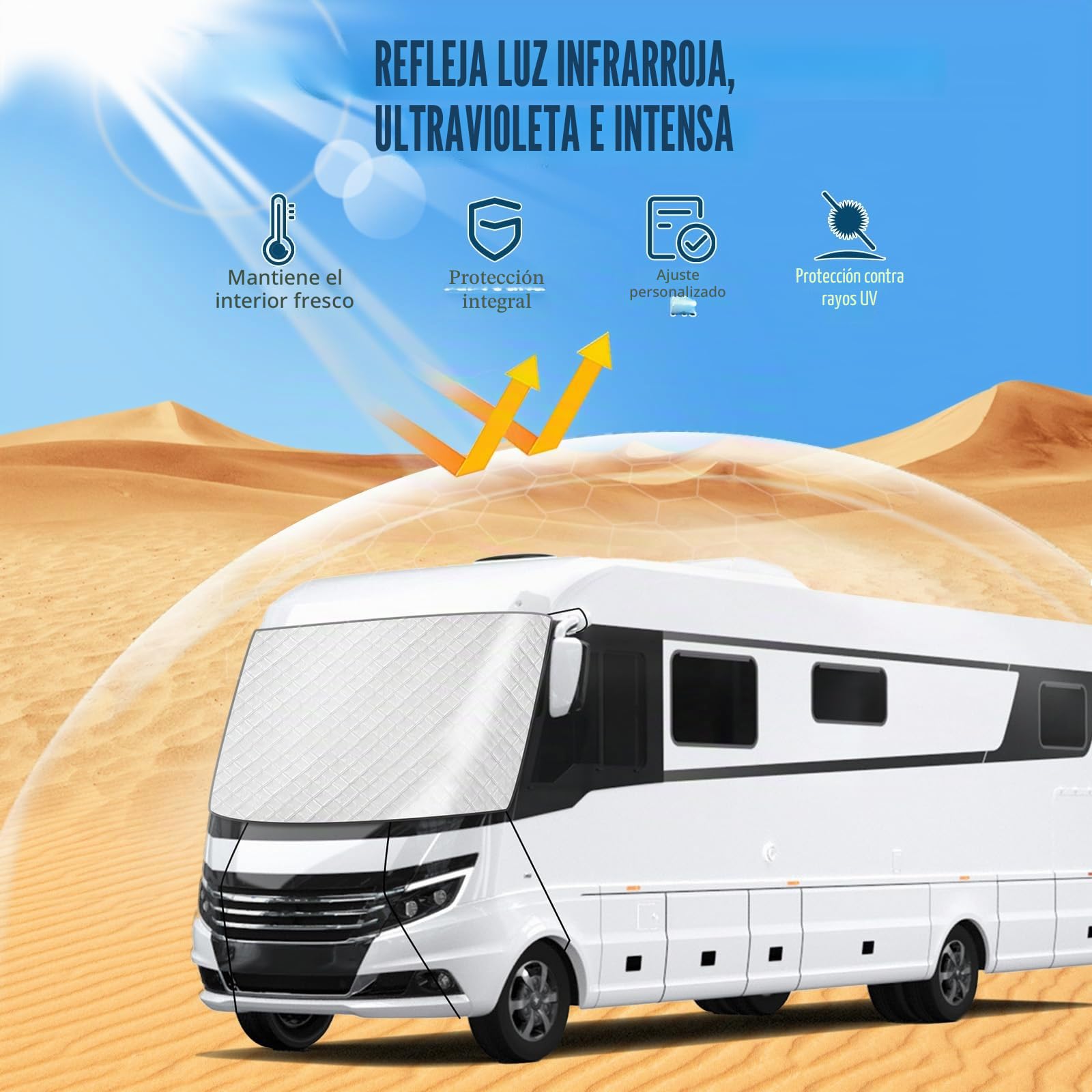 Funda para Parabrisas de Coche para Autocaravanas integradas, Funda Envoltura de Parabrisas de Lujo 600D para Clase A, Impermeable, Nieve, Hielo, Escarcha, Polvo, Sol (Plata)