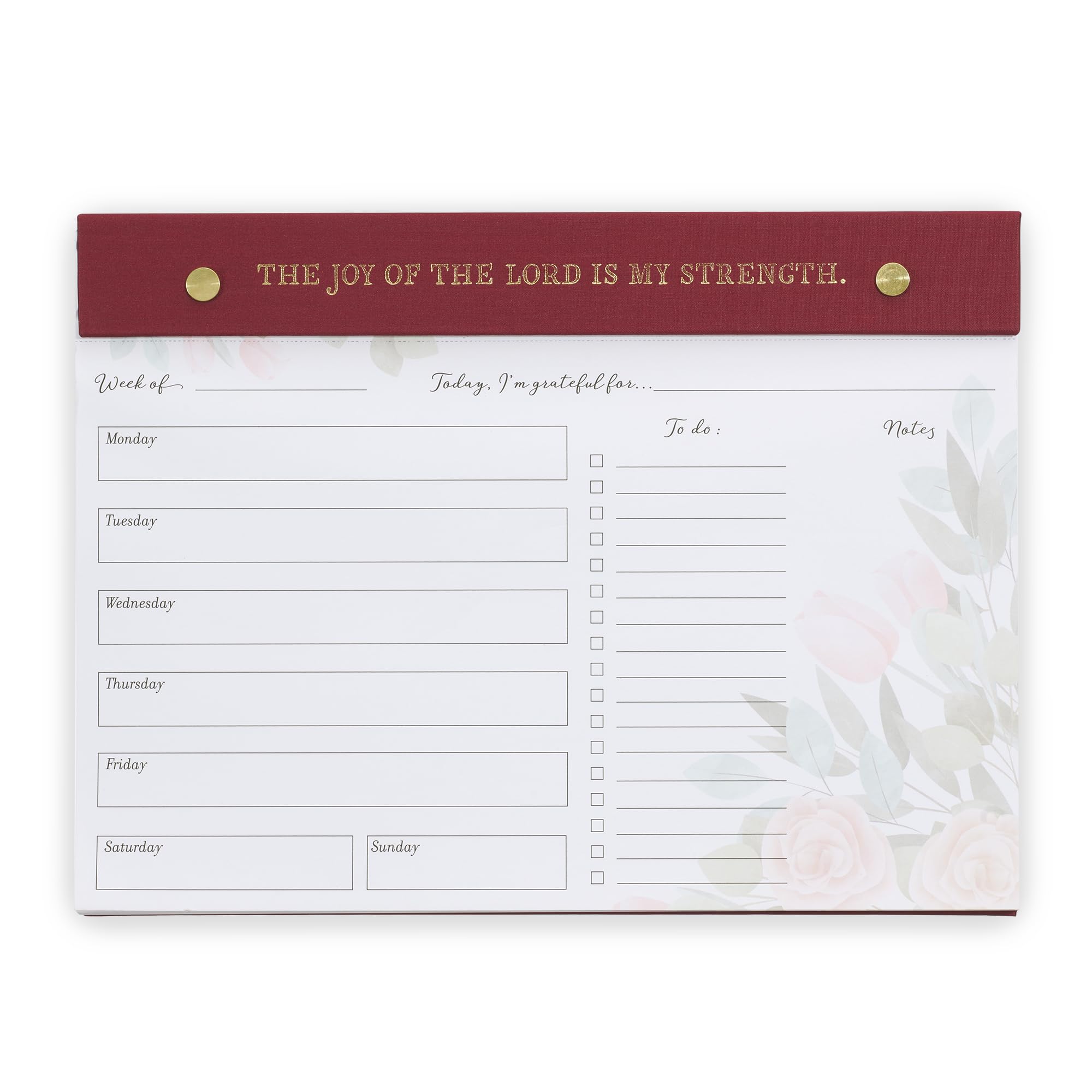 Christian Art Gifts Undated Weekly Desktop Planner, Joy of the Lord Nehemiah 8:10 Bible Verse, 60 Sheets, Burgundy Floral