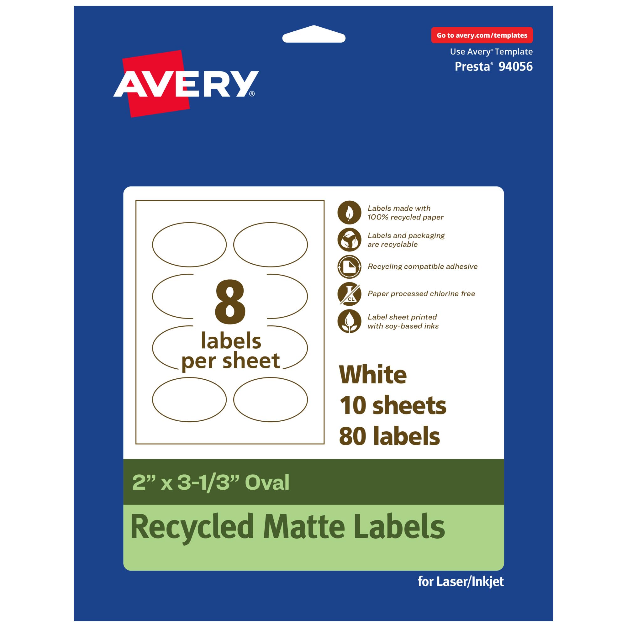 Avery EcoFriendly Matte White Recycled Oval Labels, 2" x 3-1/3", Print-to-The-Edge, Matte White Labels, Permanent Adhesive, Laser/Inkjet Printable, 80