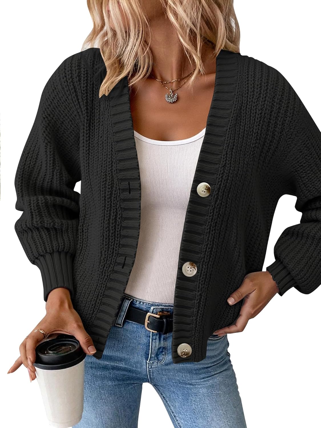 Women’s Chunky Knit Cardigan – Waffle Knit Button Down Oversized V Neck Fall Sweater for Casual Layering