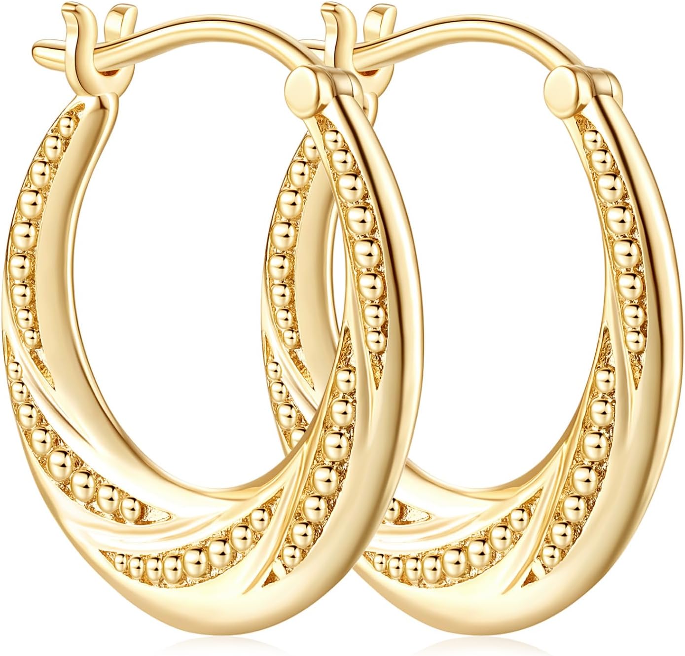 Gold Earrings for Women 14K Gold Hoop Earrings for Women Gold Hoops Earring for Womens Hoops Detailed Beaded and Curve Texture Hoop Earring for Womens 22/25mm