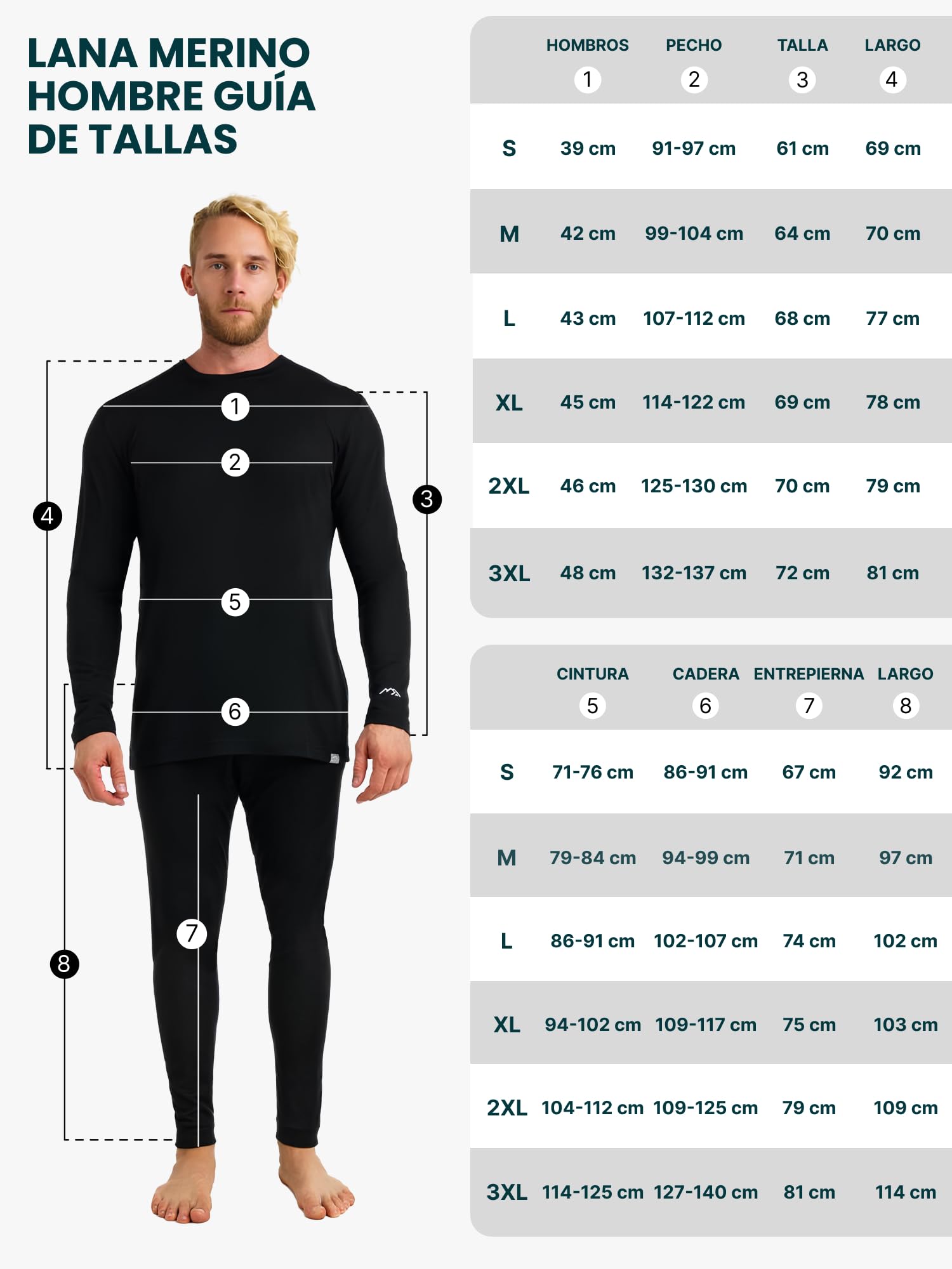 Merino.tech Conjunto Lana Merino Hombre - 100% Lana Merino con Calcetines | Capa base (Ligera/Media/Pesada) para senderismo, esquí y outdoor. Transpirable.