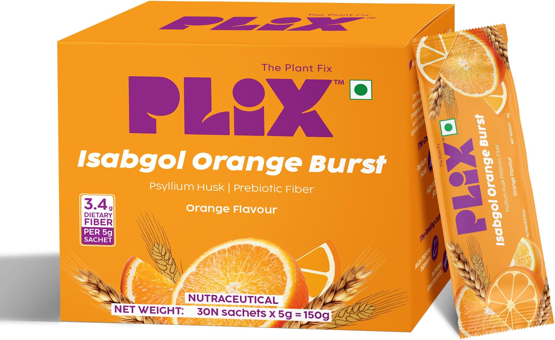 PLIX - THE PLANT FIX Isabgol Orange Burst| Improve Digestive Health And Gut Cleanse| Psyllium Husk Powder| No Added Preservatives OR Sugar| 30 Days Serving