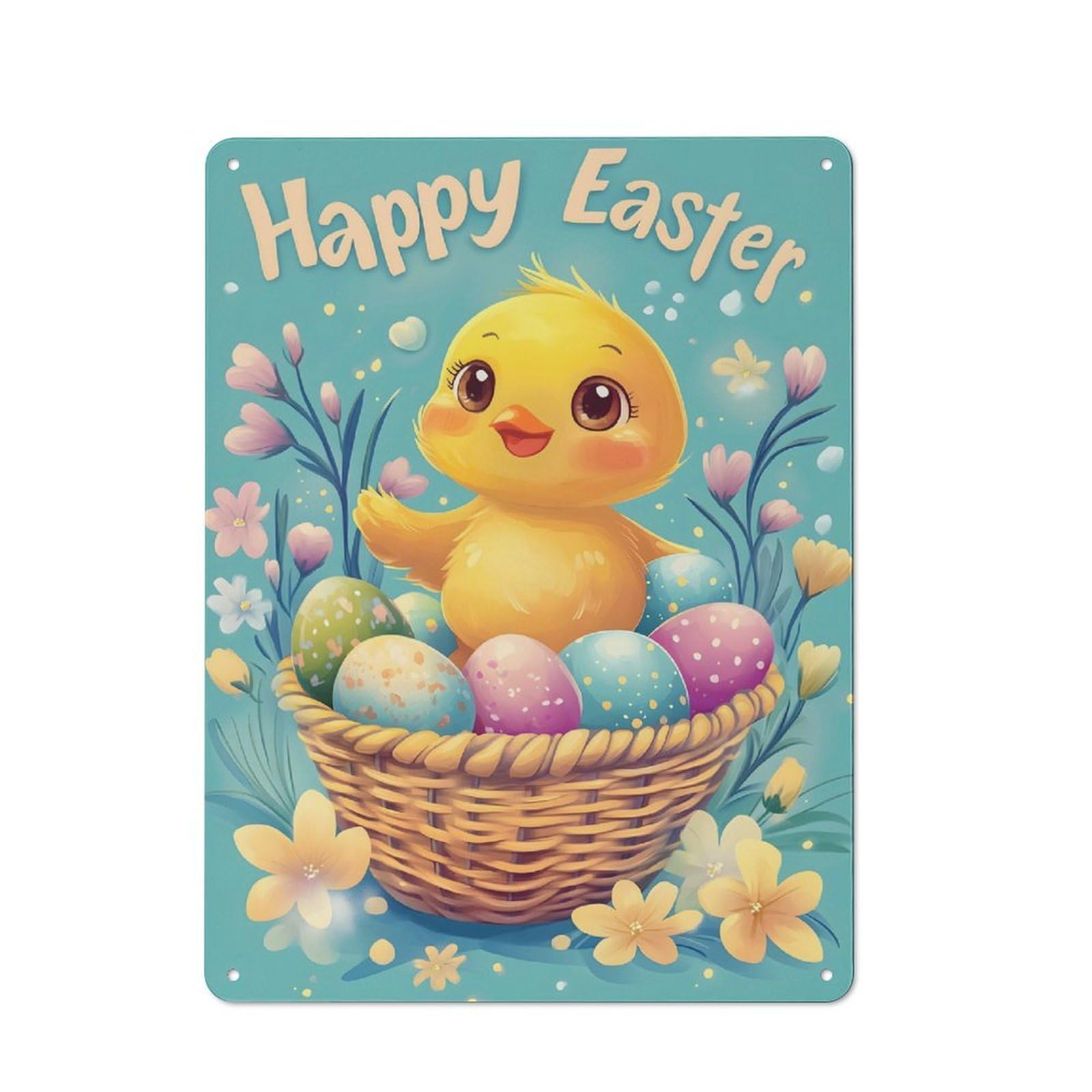 Junmoney Happy Easter Chick With Eggs Metal Tin Sign, Small Wall Accent For Small Toilet, Washroom And Hallway, 40X30cm