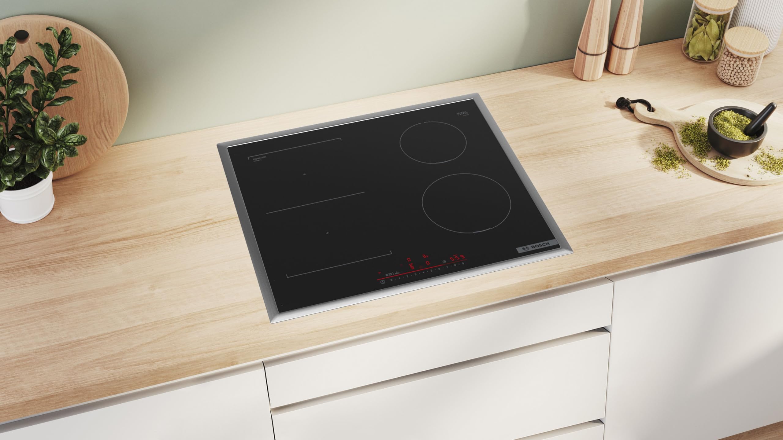 Bosch PVS645HB1E Serie 6 Smartes Induktionskochfeld (autark), 60 cm breit, Kombination zweier Kochzoen, Umlaufender Rahmen, Kochfeldbasierte Haubensteuerung, schnelleres Kochen
