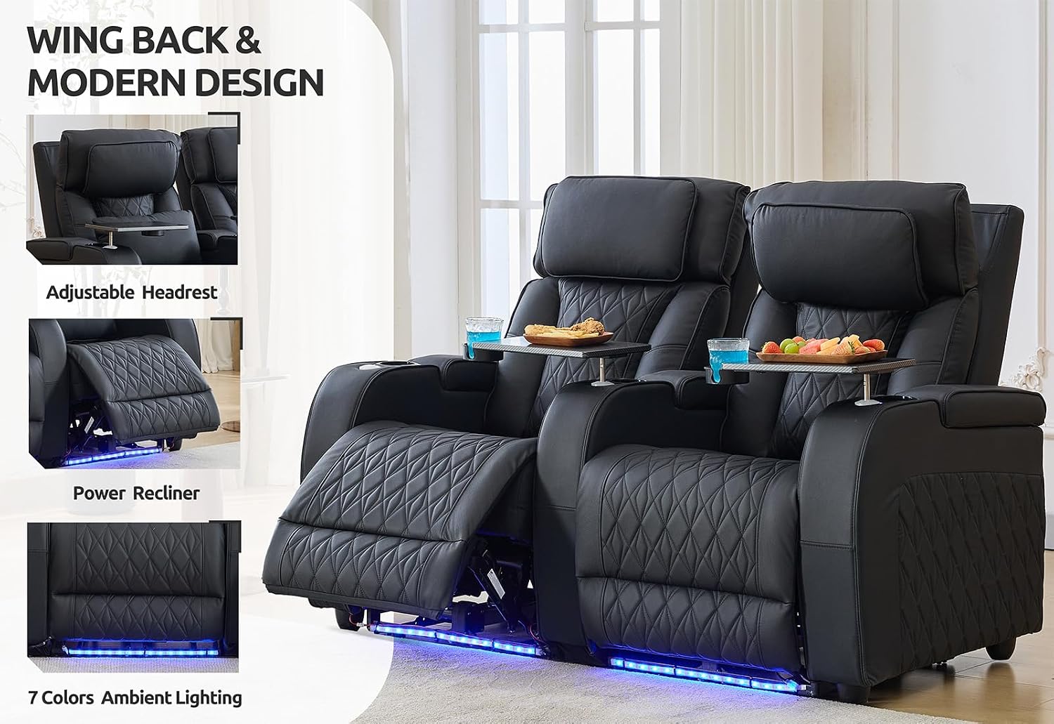 Airadlis Home Theater Seating Top Grain Leather, Movie Theater Chairs Theater Recliner Sofa with Dual Power Ergonomic Design 7 Colors Ambient Lighting Tray Table Type-C USB Charge (Black, Row of 5)