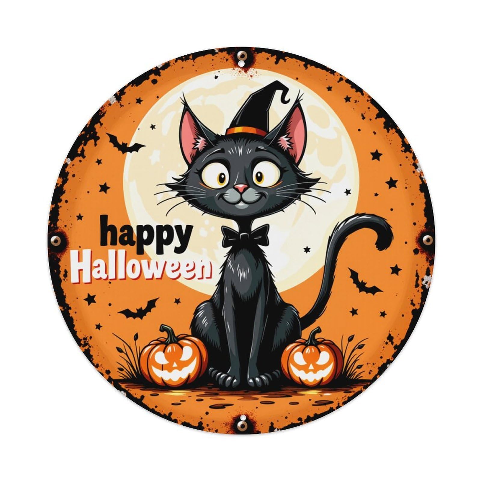 Black Cat Witch Hat Pumpkins Moon Round Tin Sign Vintage Metal Poster, Home Bar Garage Man Cave Cafe Indoor & Outdoor Wall Decoration 8x8Inches