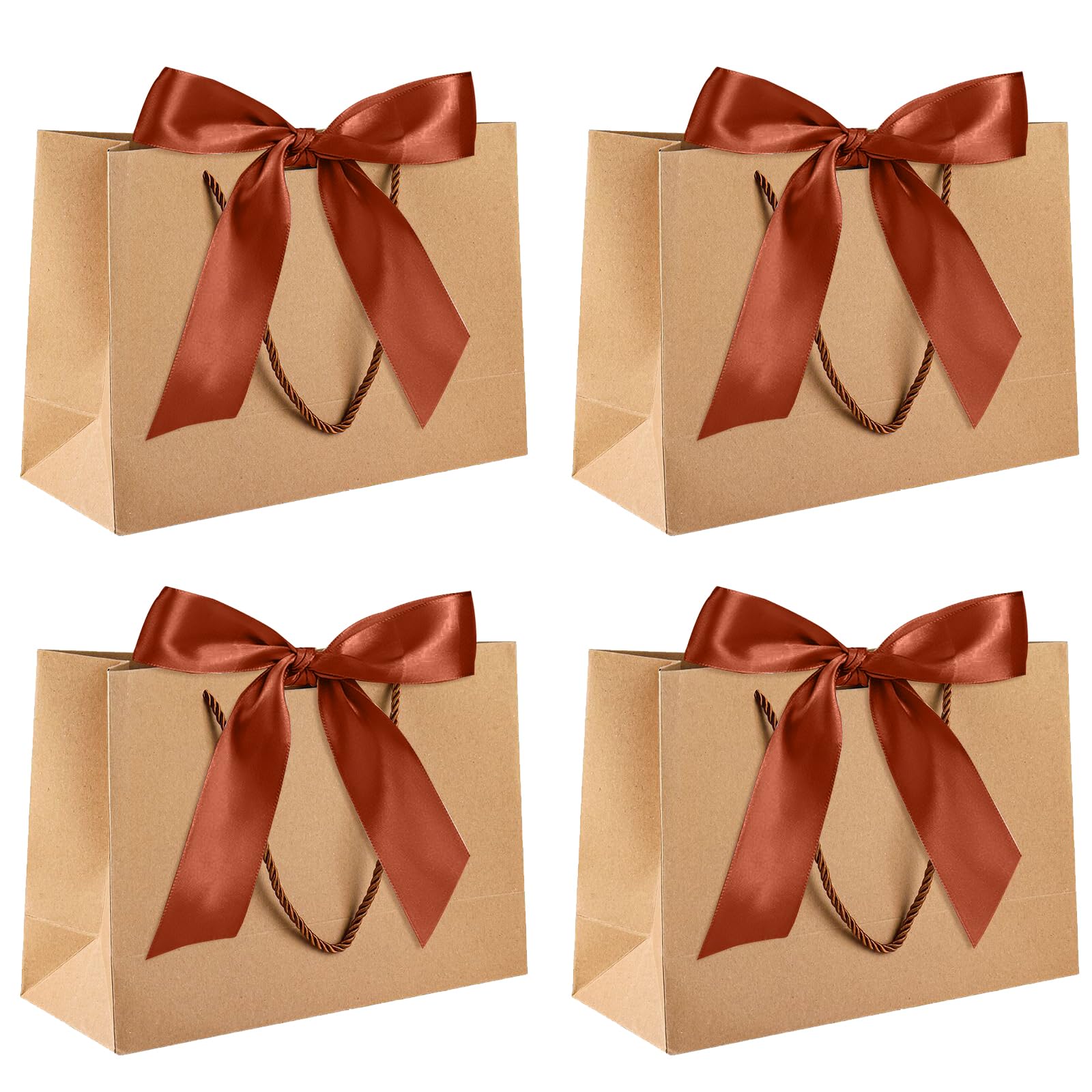 Yiran 4Pcs Medium Brown Gift Bag with Greeting Handles and Ribbon for Girls Boys Wedding Party Christmas Valentines Wrapping Bag Decorations Supplies — image 1